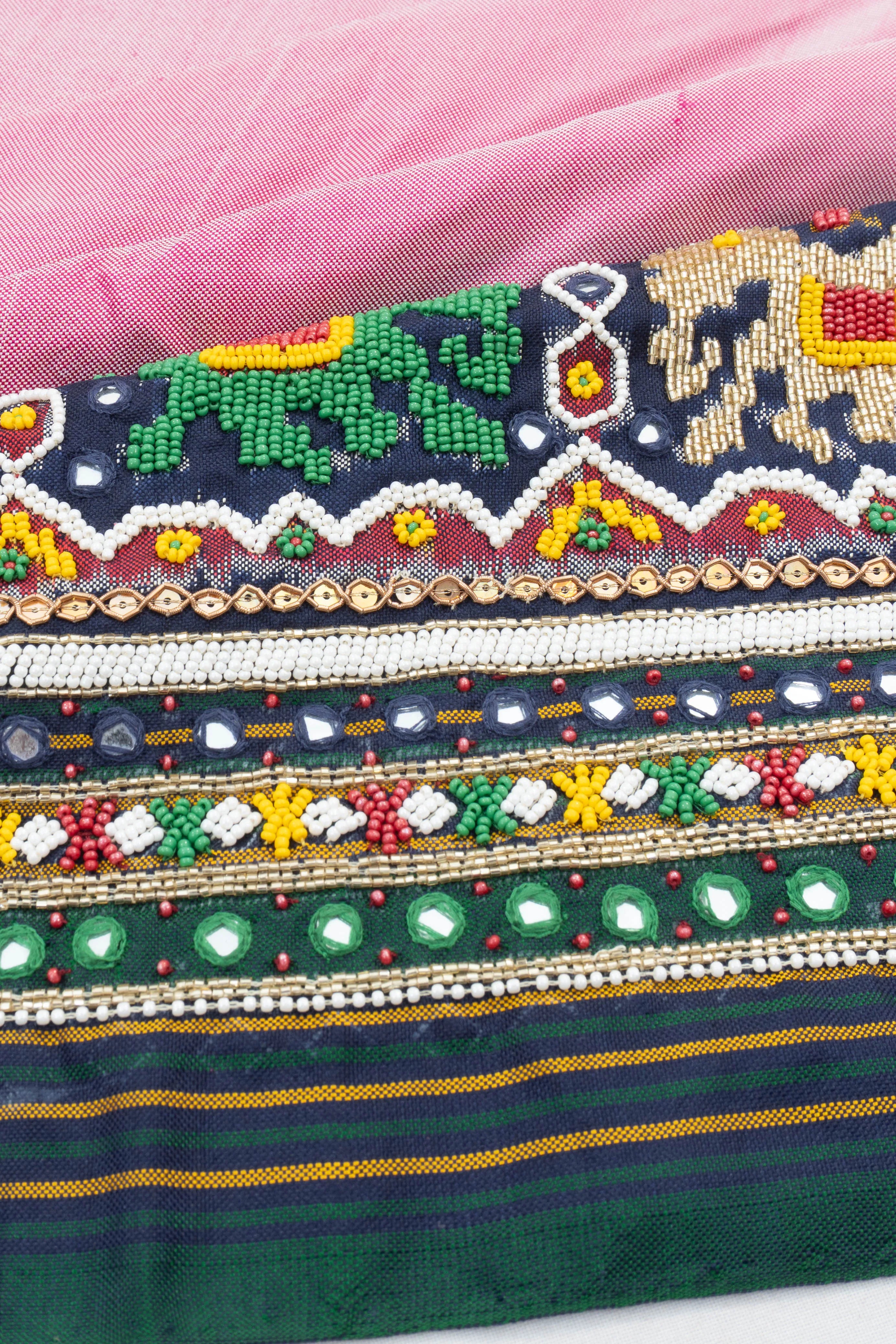 Semi Patan Silk Ikat Plain Baby Pink Saree With Kutch Hand Embroidery Border
