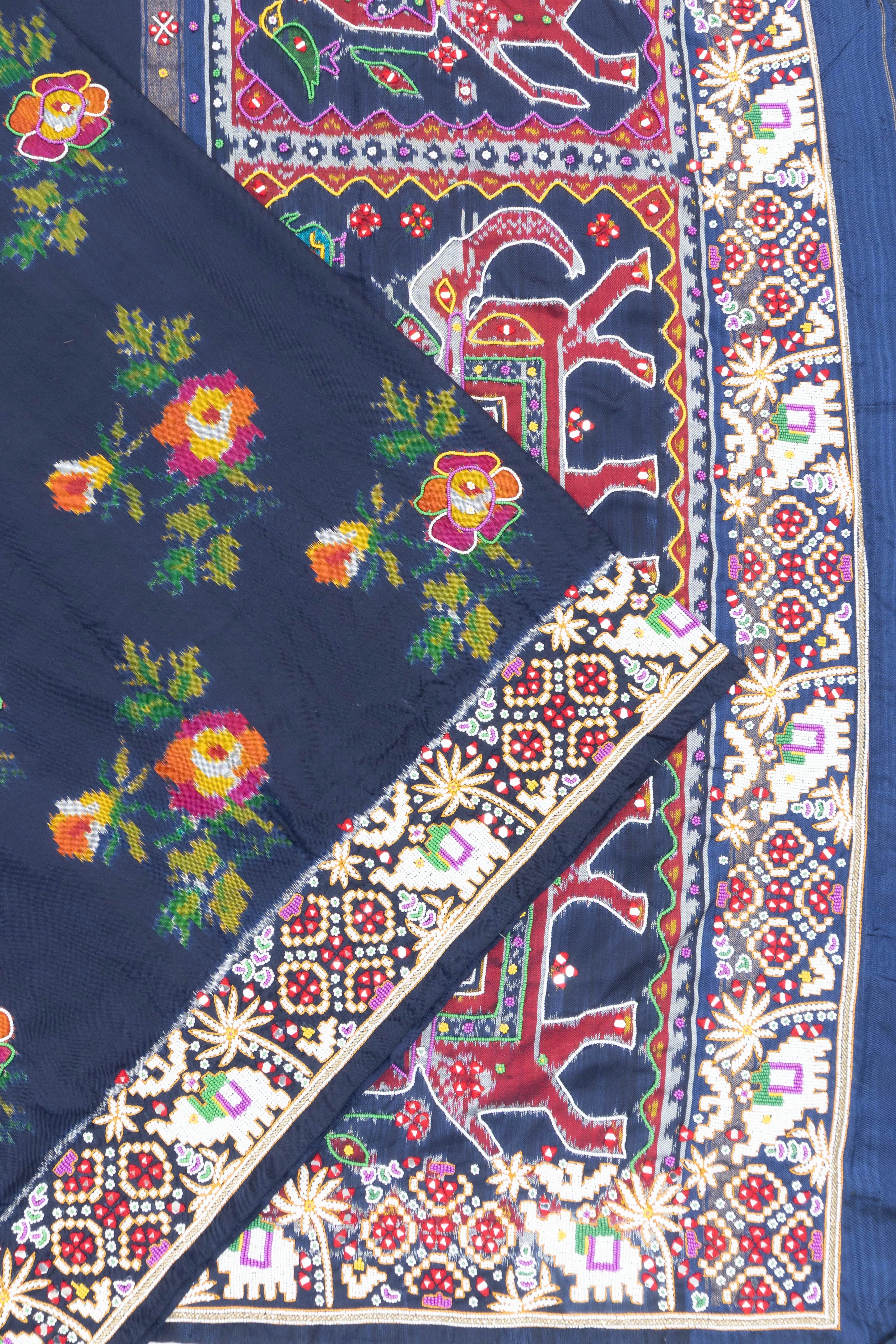 Semi Patan Silk Ikat Dark Blue Saree With Kutch Hand Embroidery Border