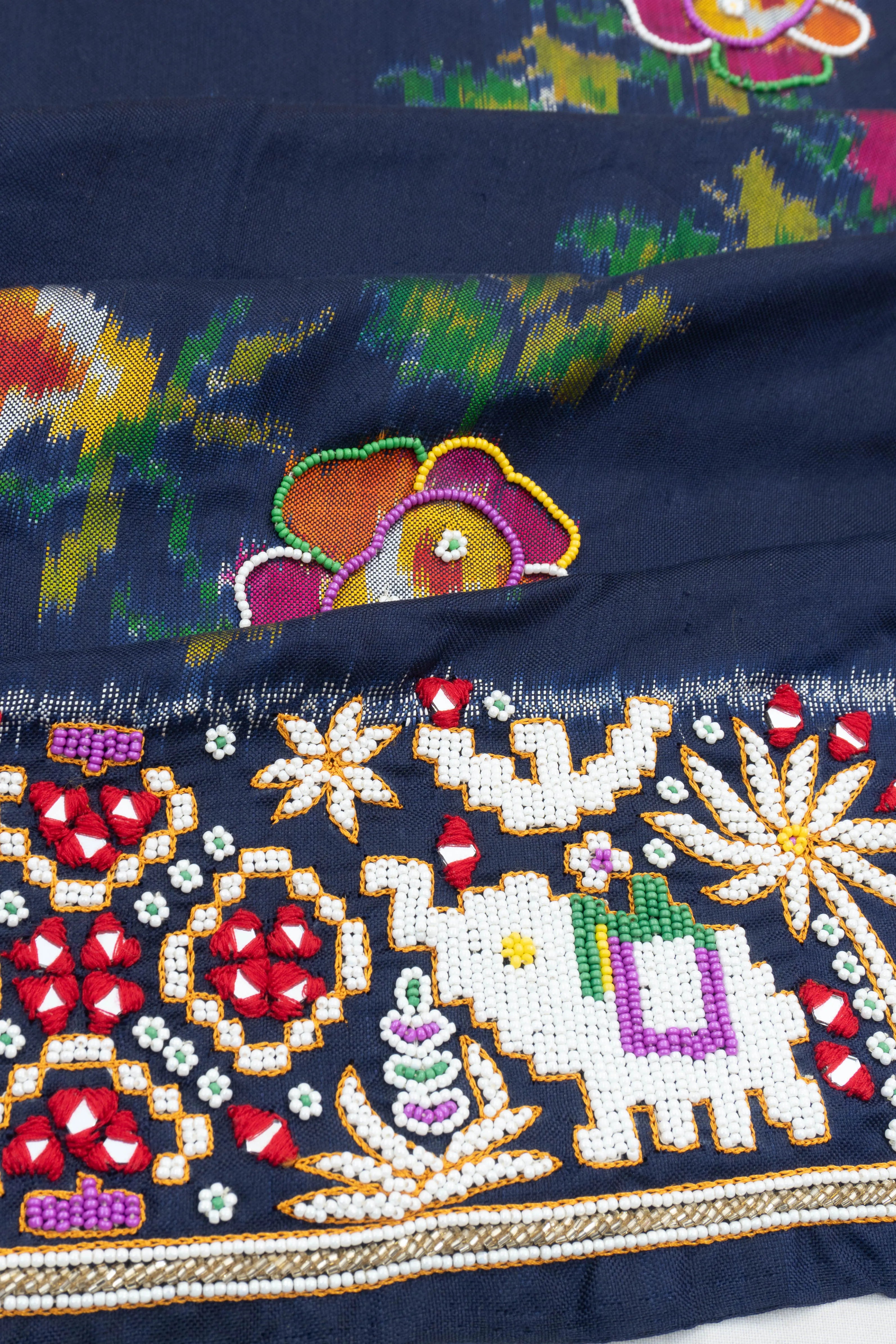 Semi Patan Silk Ikat Dark Blue Saree With Kutch Hand Embroidery Border