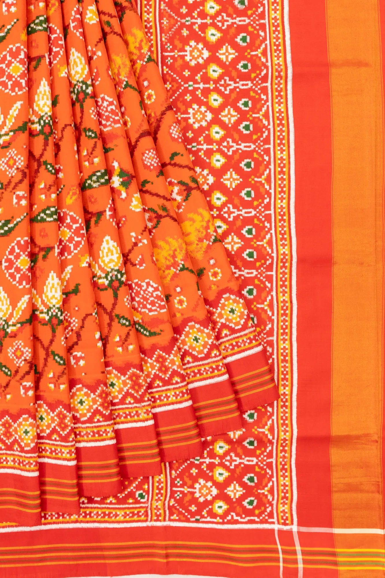 Patan Patola Silk Double Ikat Phulwari Orange Saree