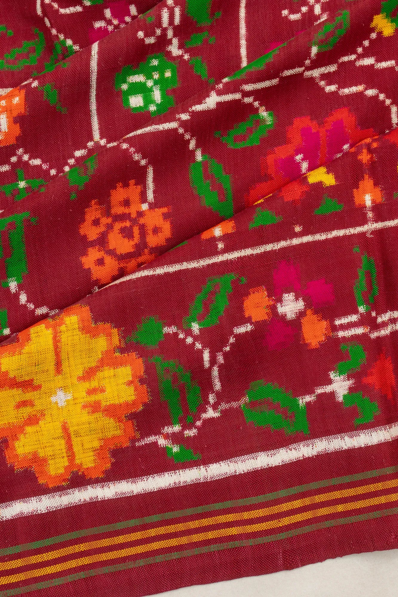 Patan Patola Silk Double Ikat Phulwari Maroon Saree