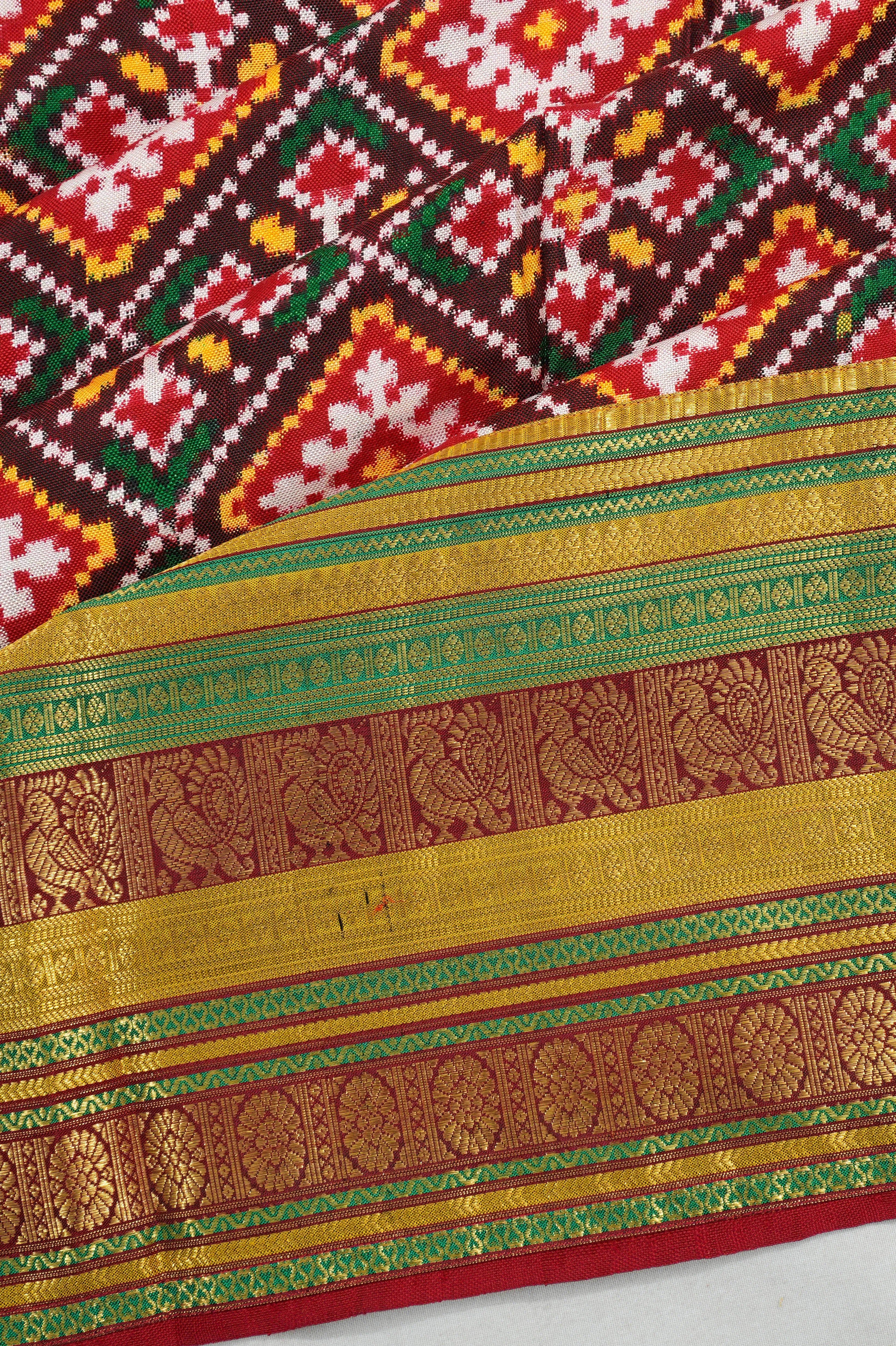 Kanchipuram X Patan Patola Silk Double Ikat Chokta Bhat Maroon Saree