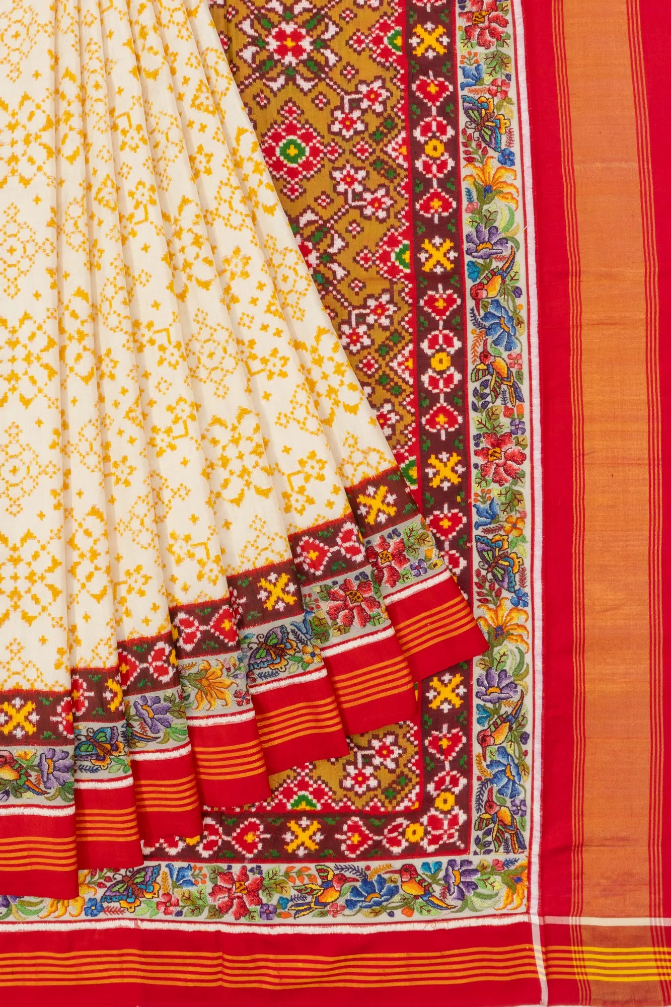 Petit Point X Patan Patola Silk Double Ikat Navratna White Saree