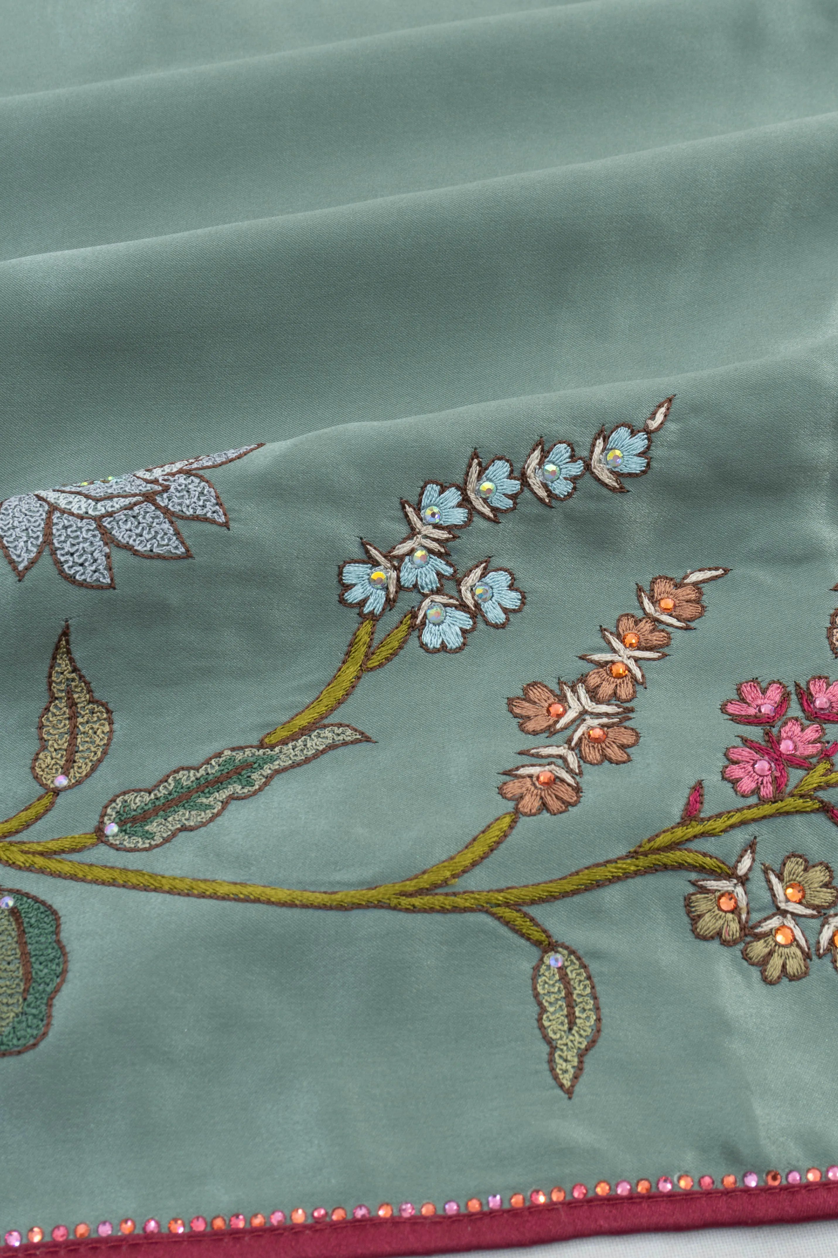 Ek Taar Satin Plain Sage Green Saree With Embroidery