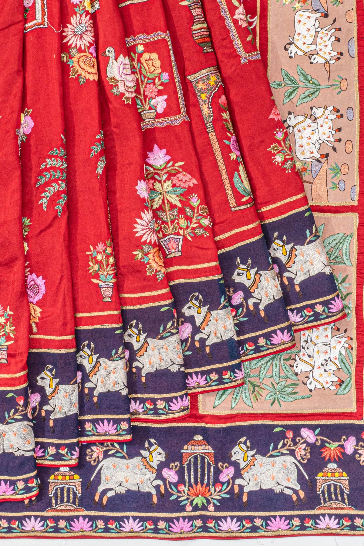 Hand Embroidered Red Satin Saree With Pichwai Inspiration