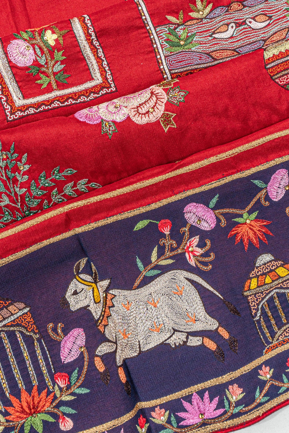 Hand Embroidered Red Satin Saree With Pichwai Inspiration