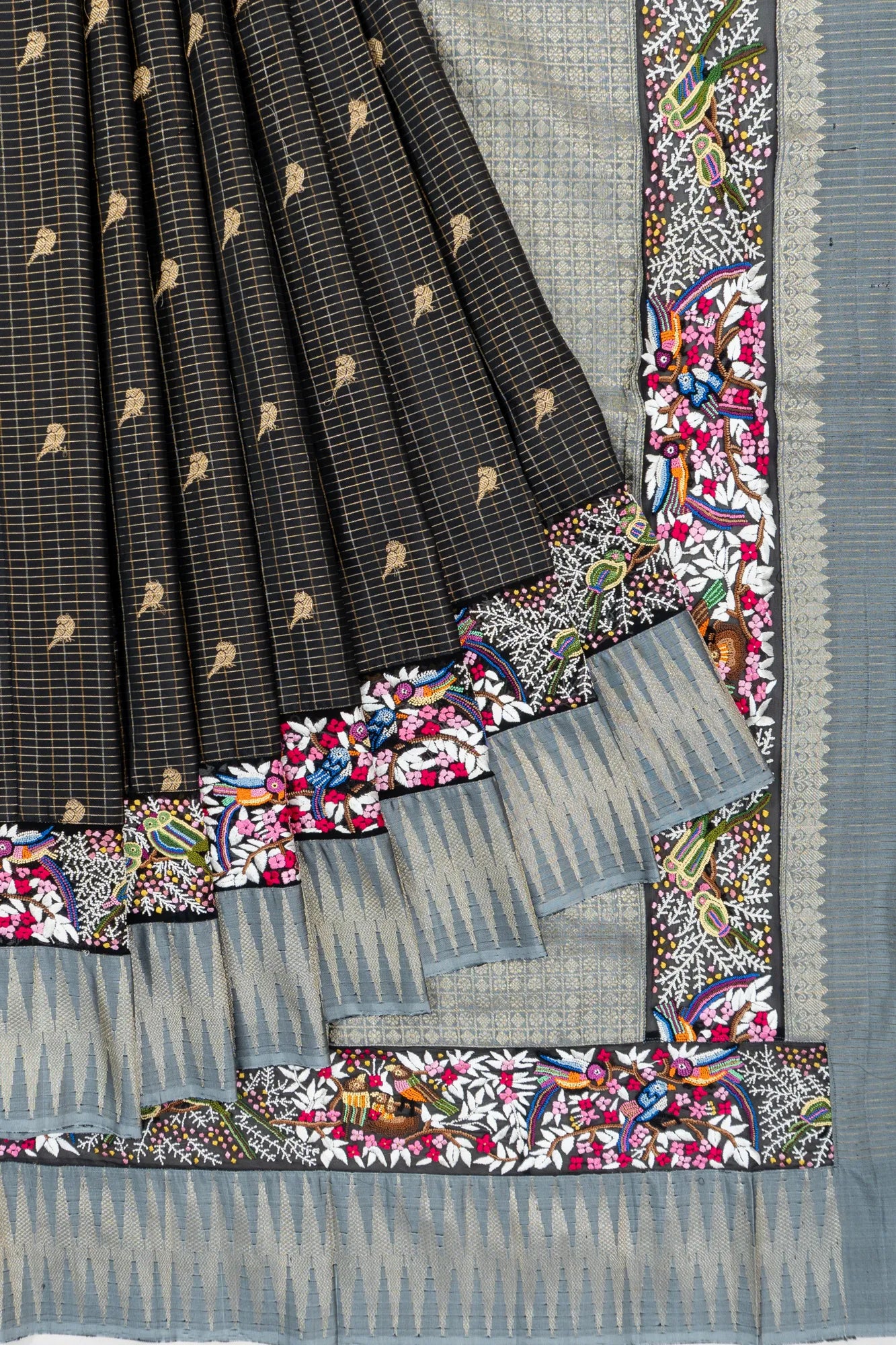 Parsi Gara X Kanchipuram Silk Checks And Butta Black Saree
