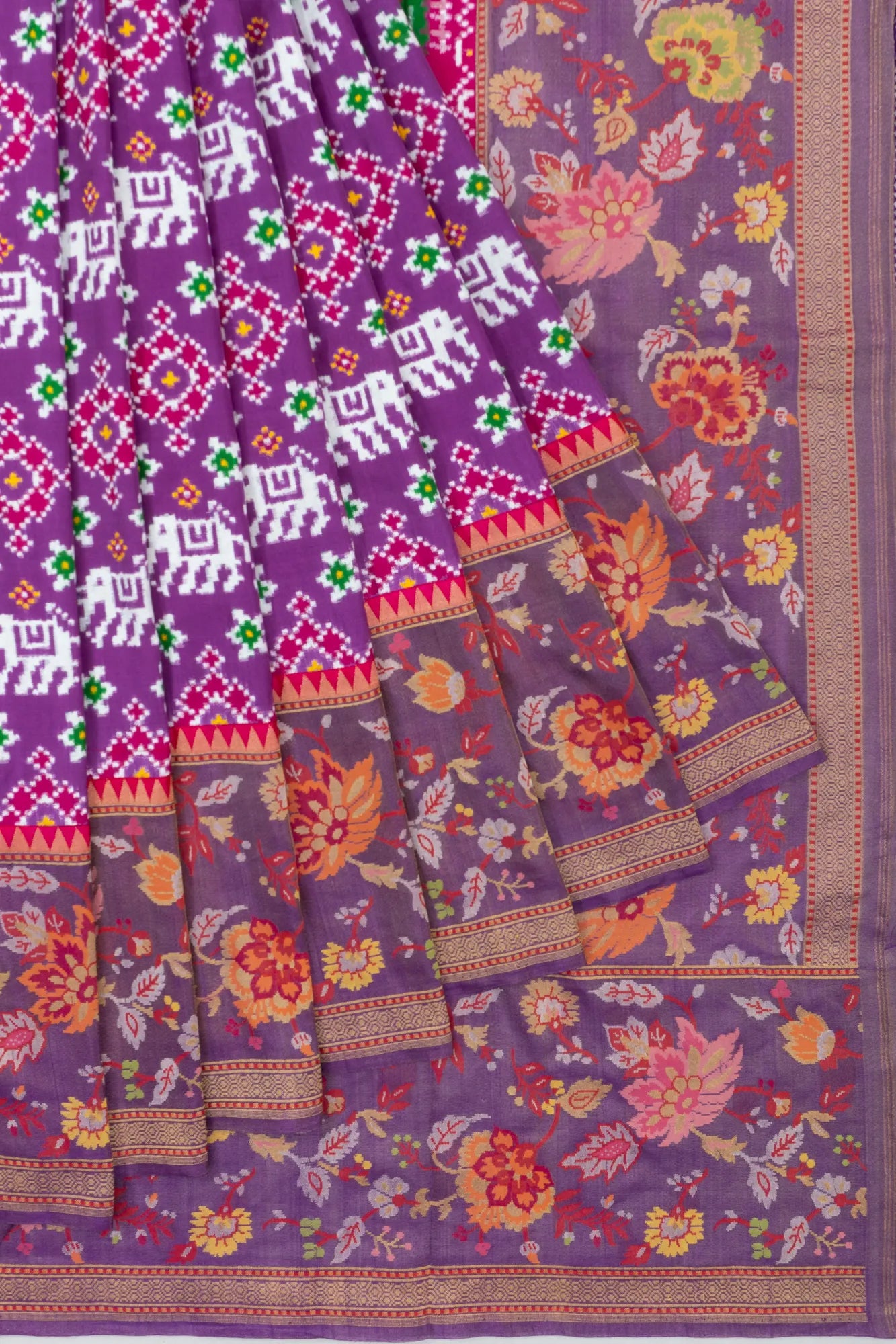 Patan Patola Silk Double Ikat Purple Saree With Banarasi Border