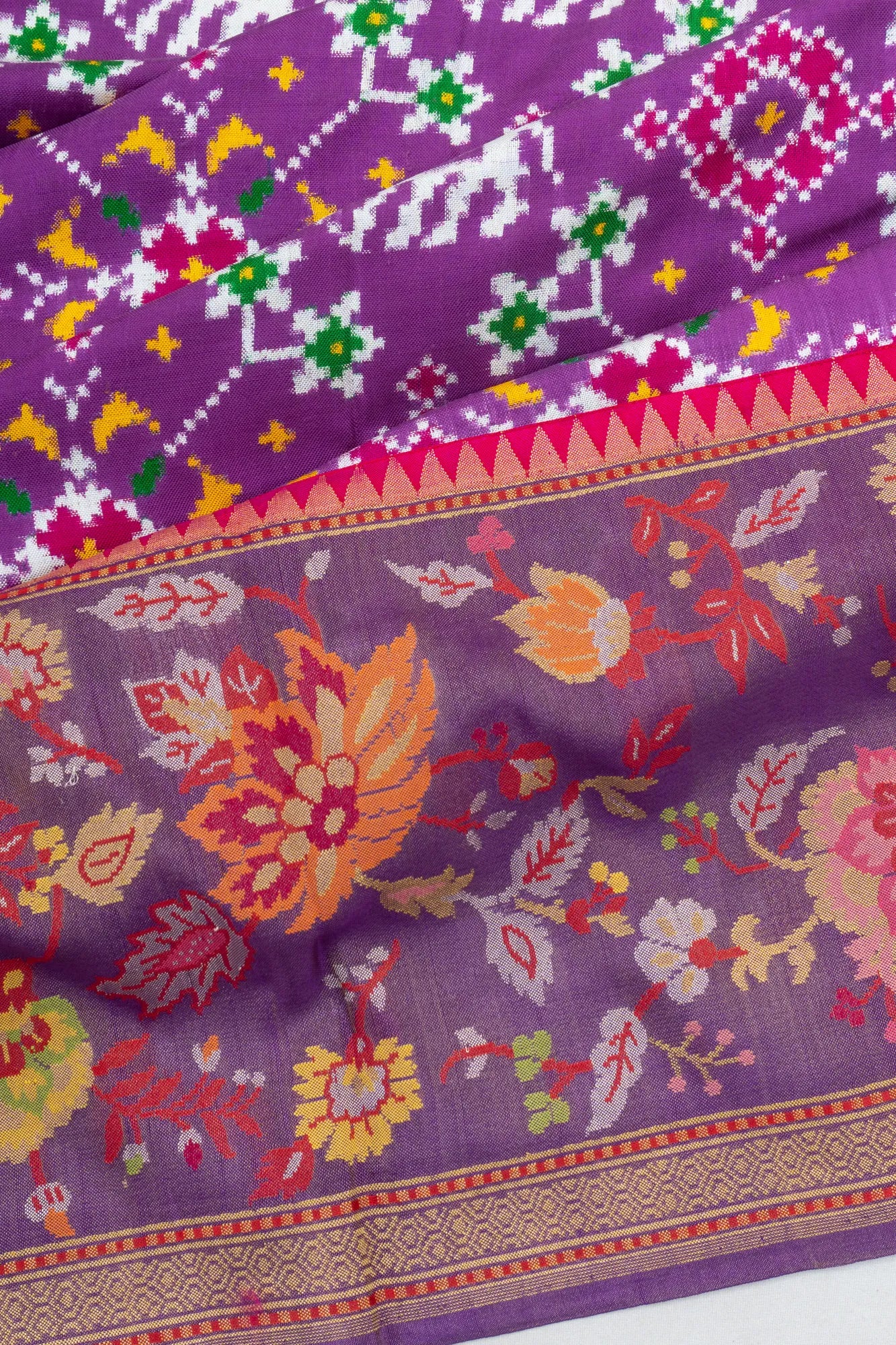 Patan Patola Silk Double Ikat Purple Saree With Banarasi Border