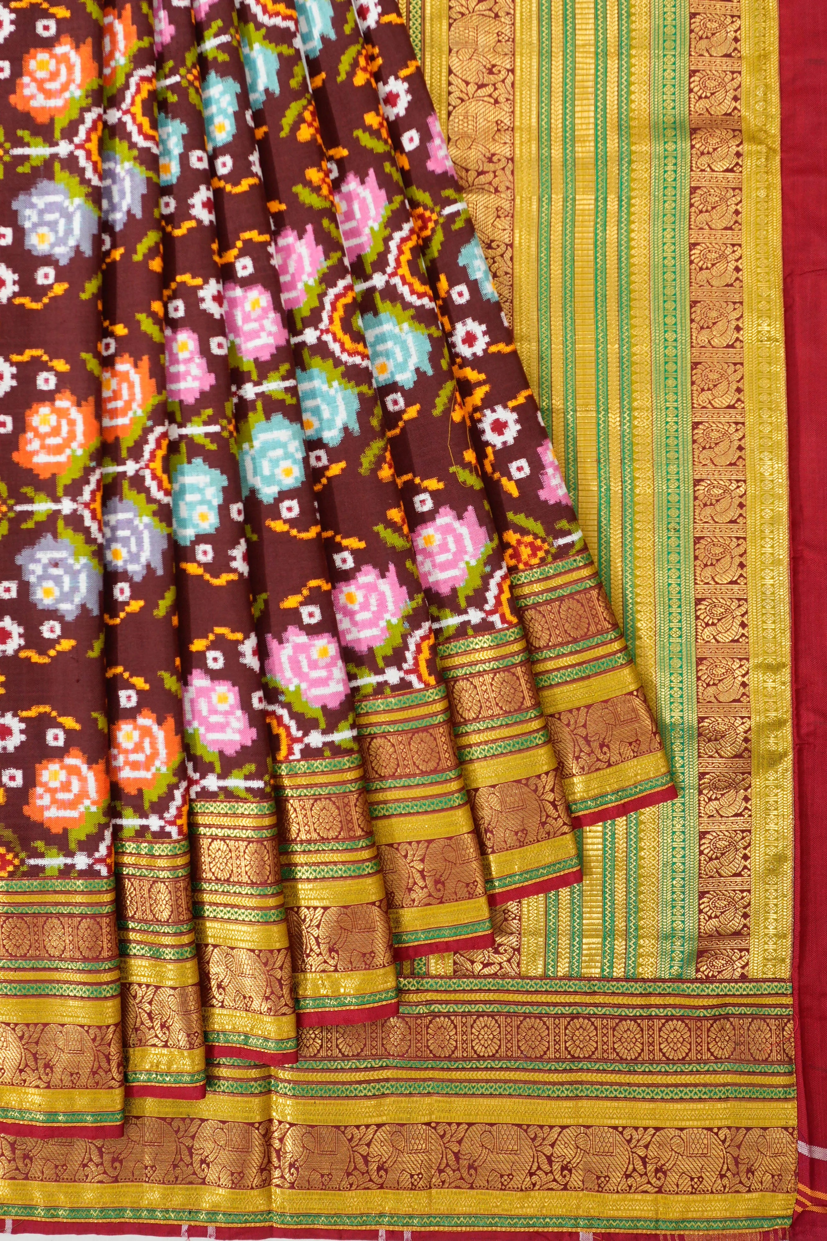 Kanchipuram X Patan Patola Silk Double Ikat Phul Bhat Maroon Saree