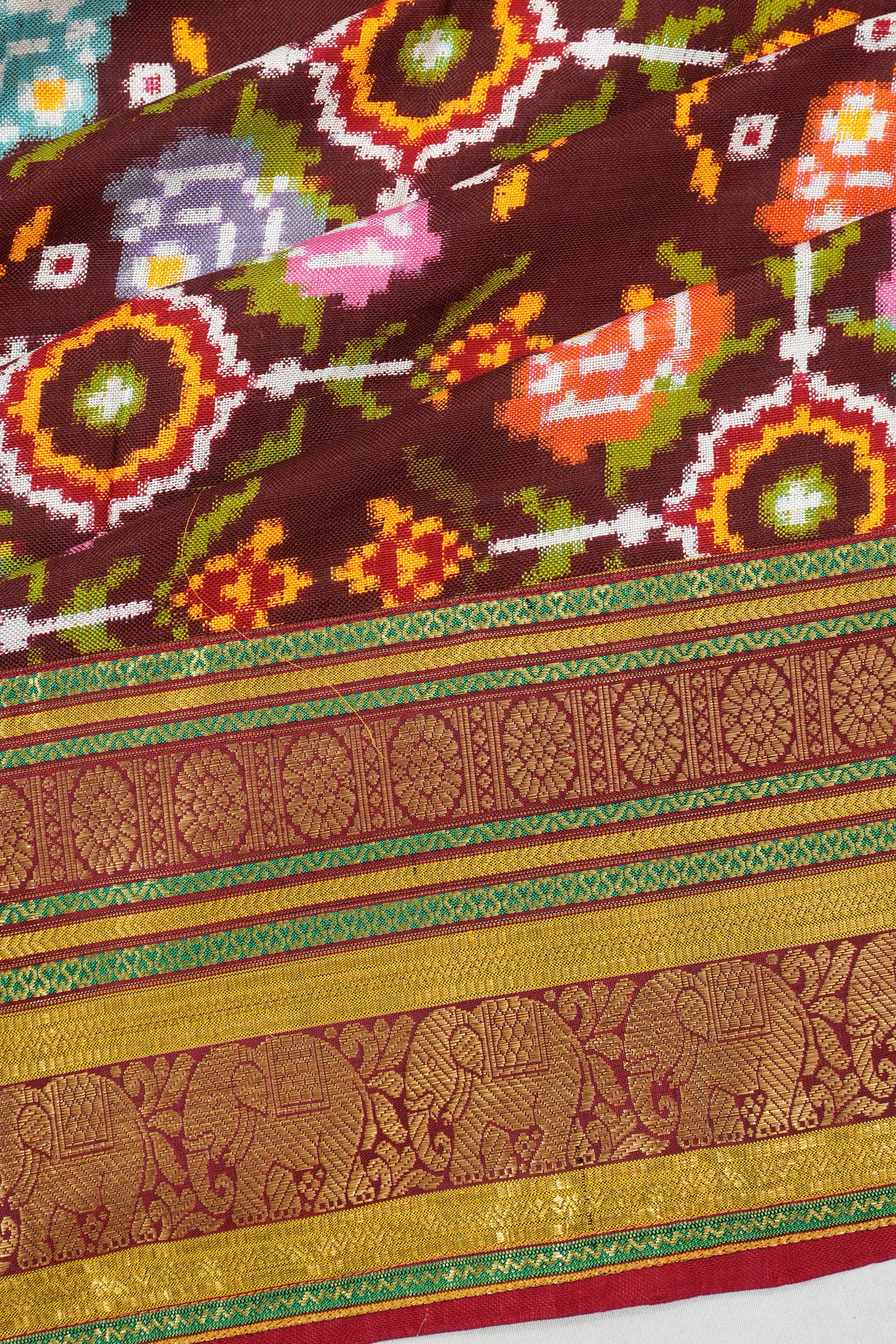 Kanchipuram X Patan Patola Silk Double Ikat Phul Bhat Maroon Saree