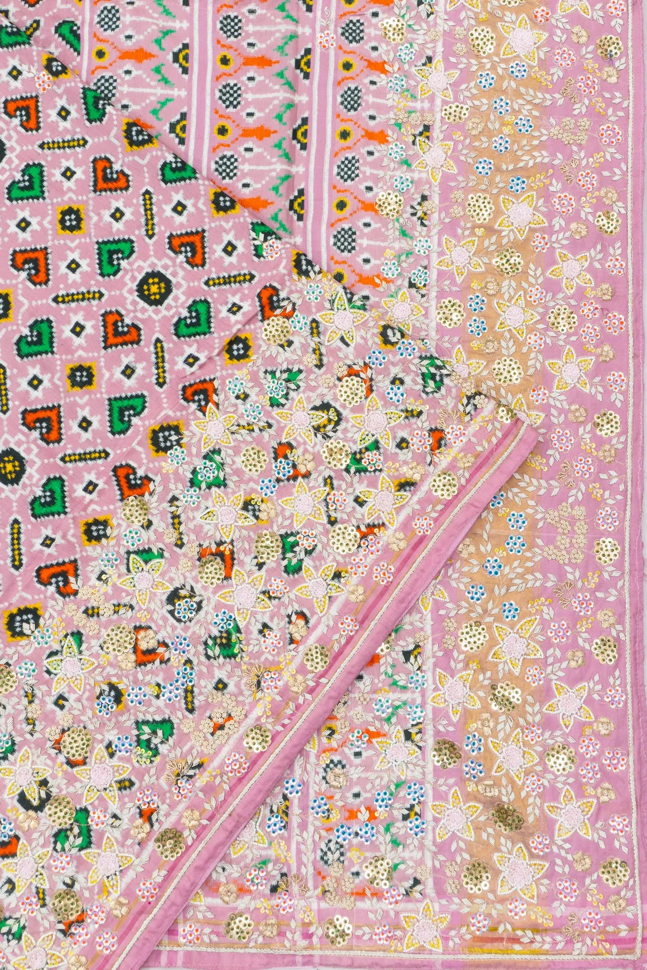 Patan Patola Silk Double Ikat Baby Pink Saree With Zardosi Border