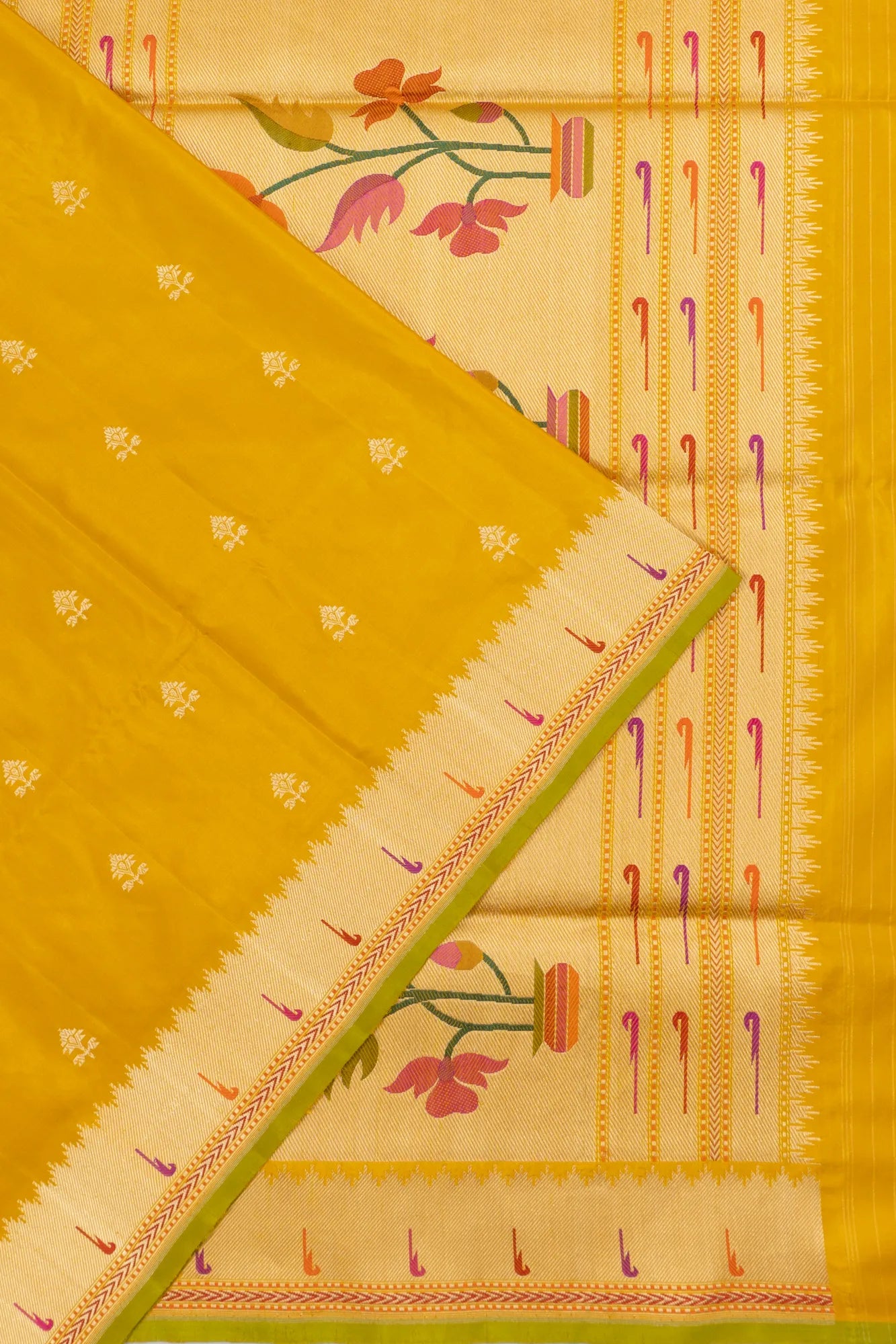 Banarasi Silk Butta Yellow Saree With Paithani Inspired Muniya Border