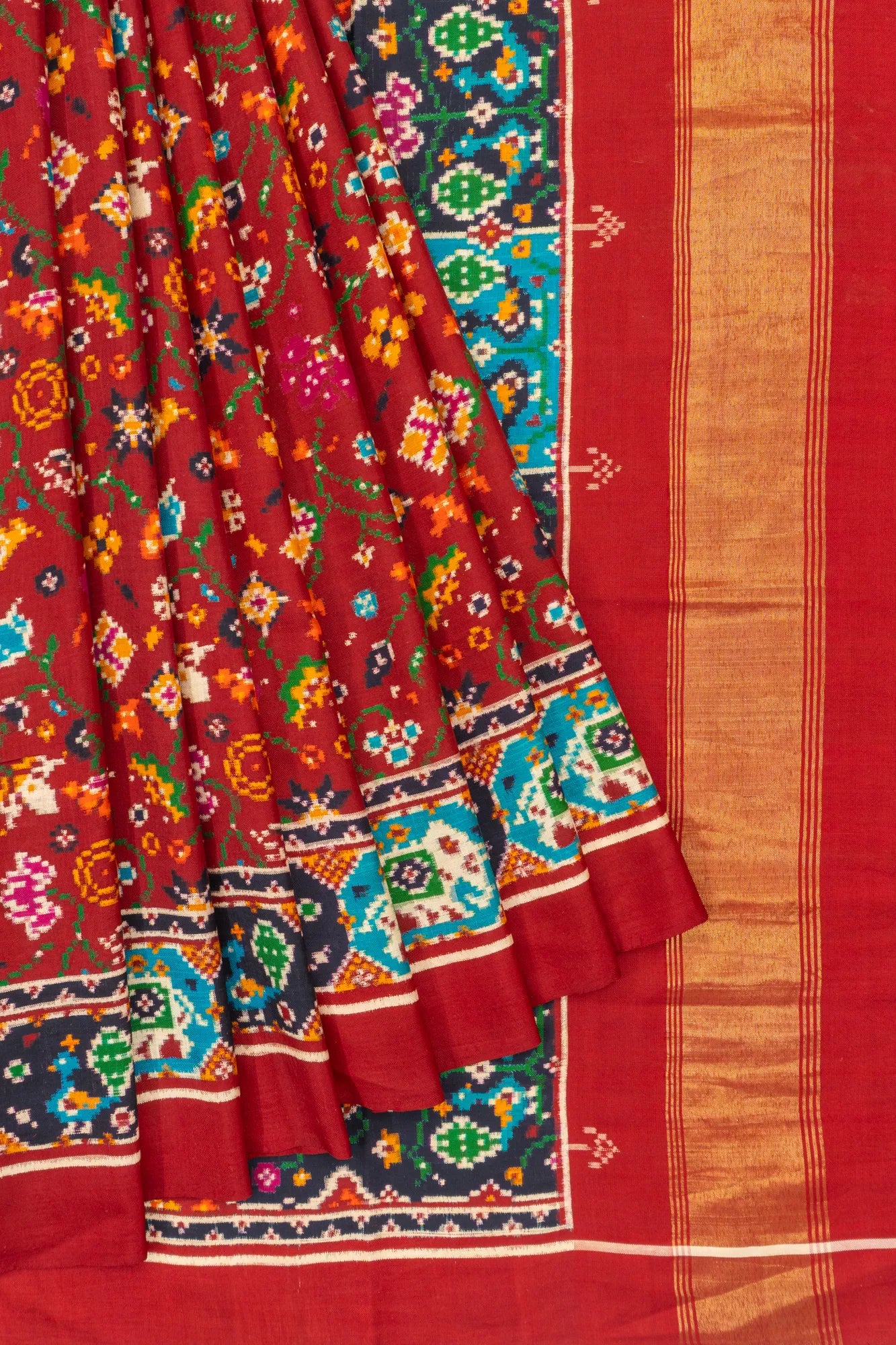 Patan Patola Silk Double Ikat Phulwari Red Saree