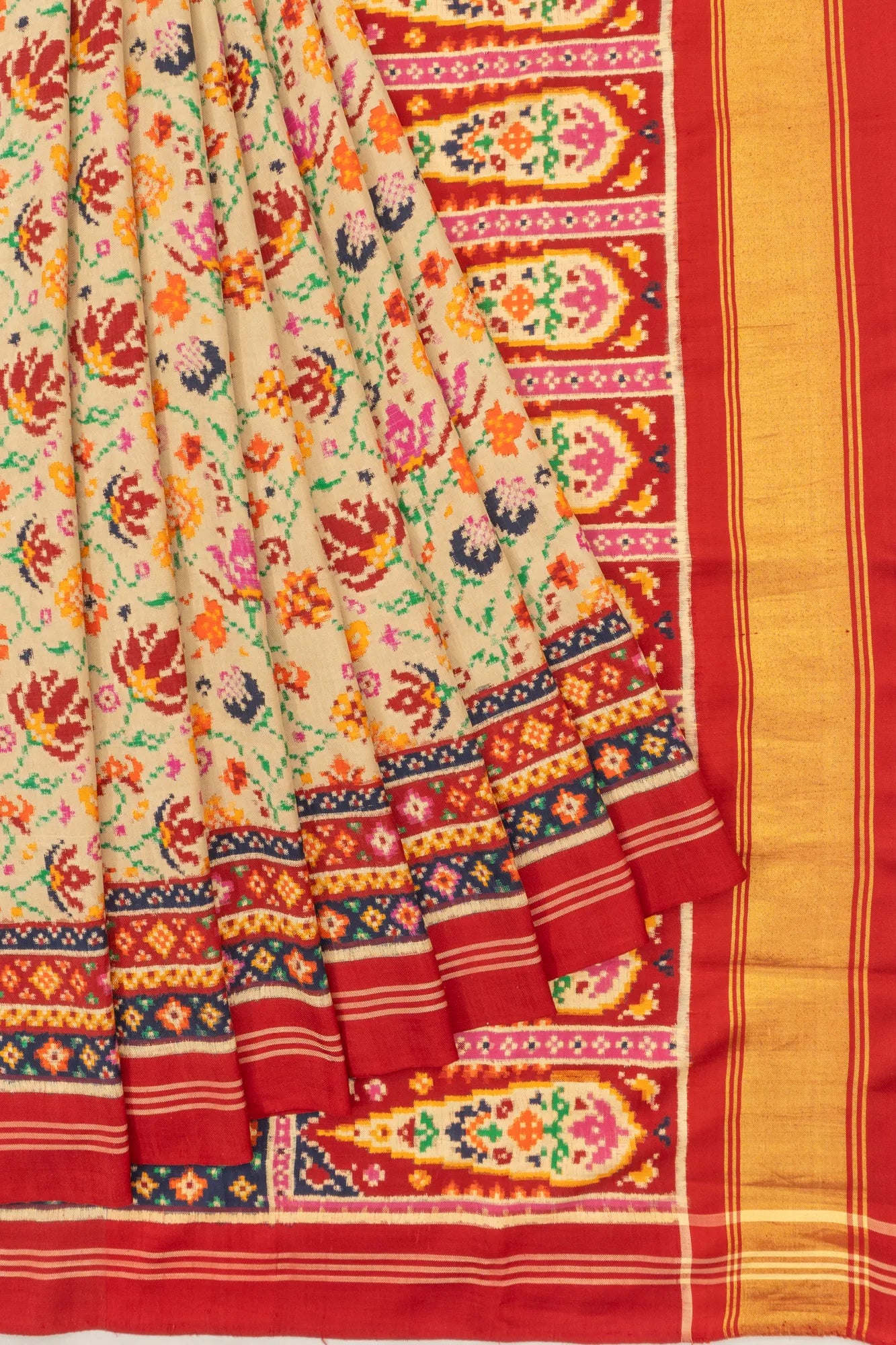 Patan Patola Silk Double Ikat Phulwari Cream Saree