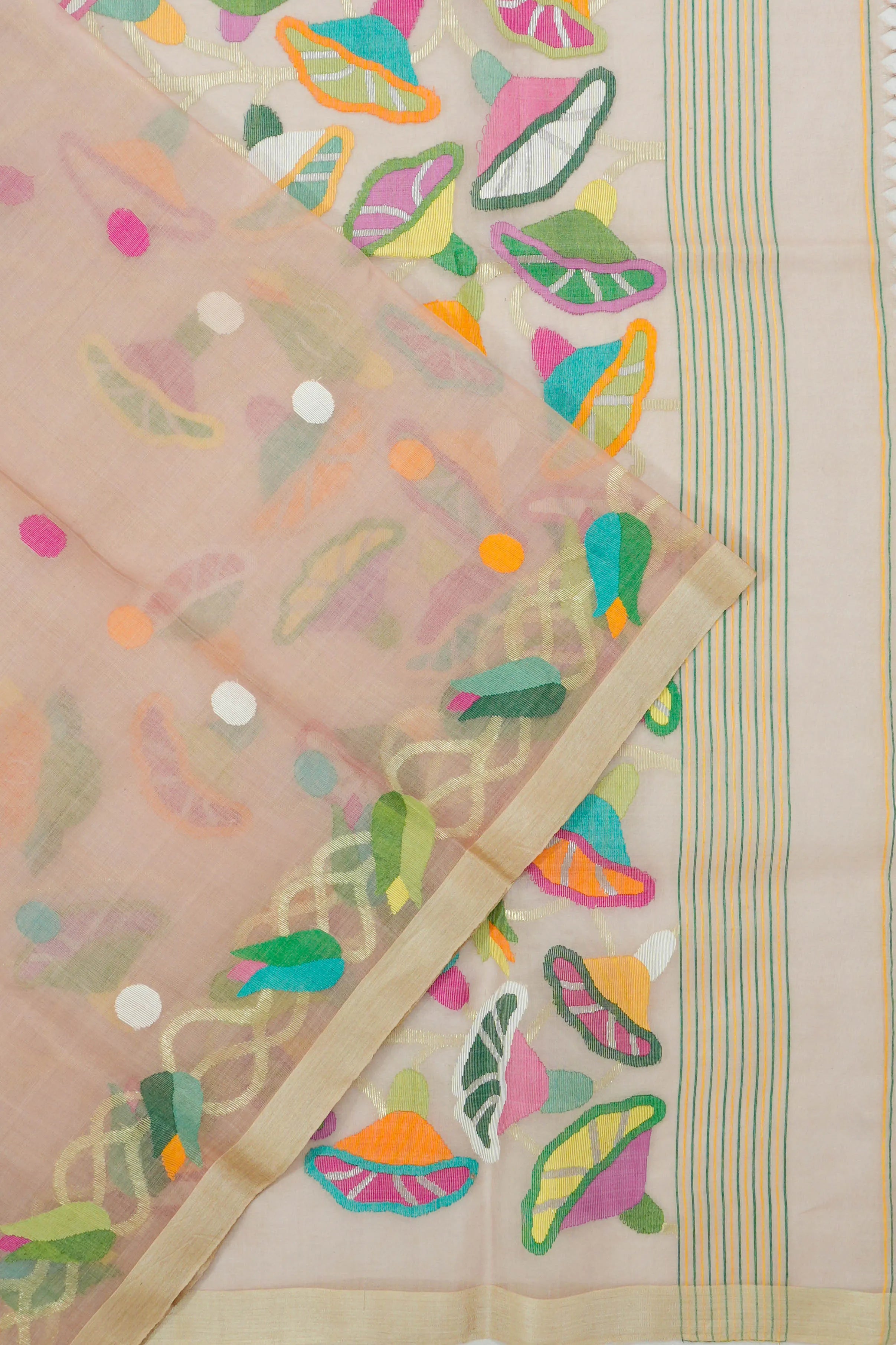Dhakai Handspun Cotton Jamdani Butta Peach Saree