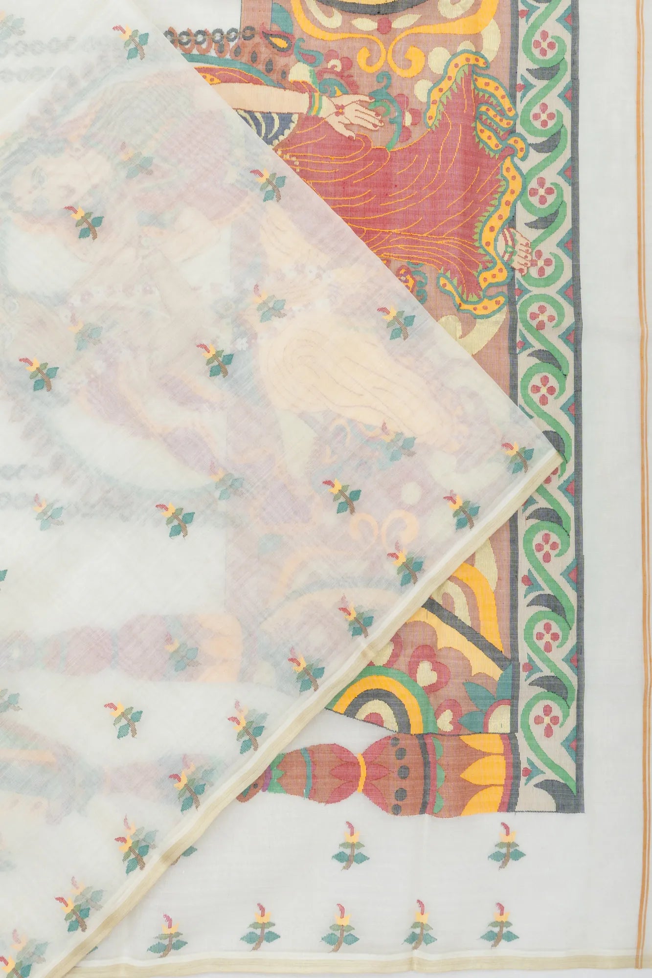 Dhakai Kora Organza Butta White Saree With Radha Krishna Jamdani Pallu