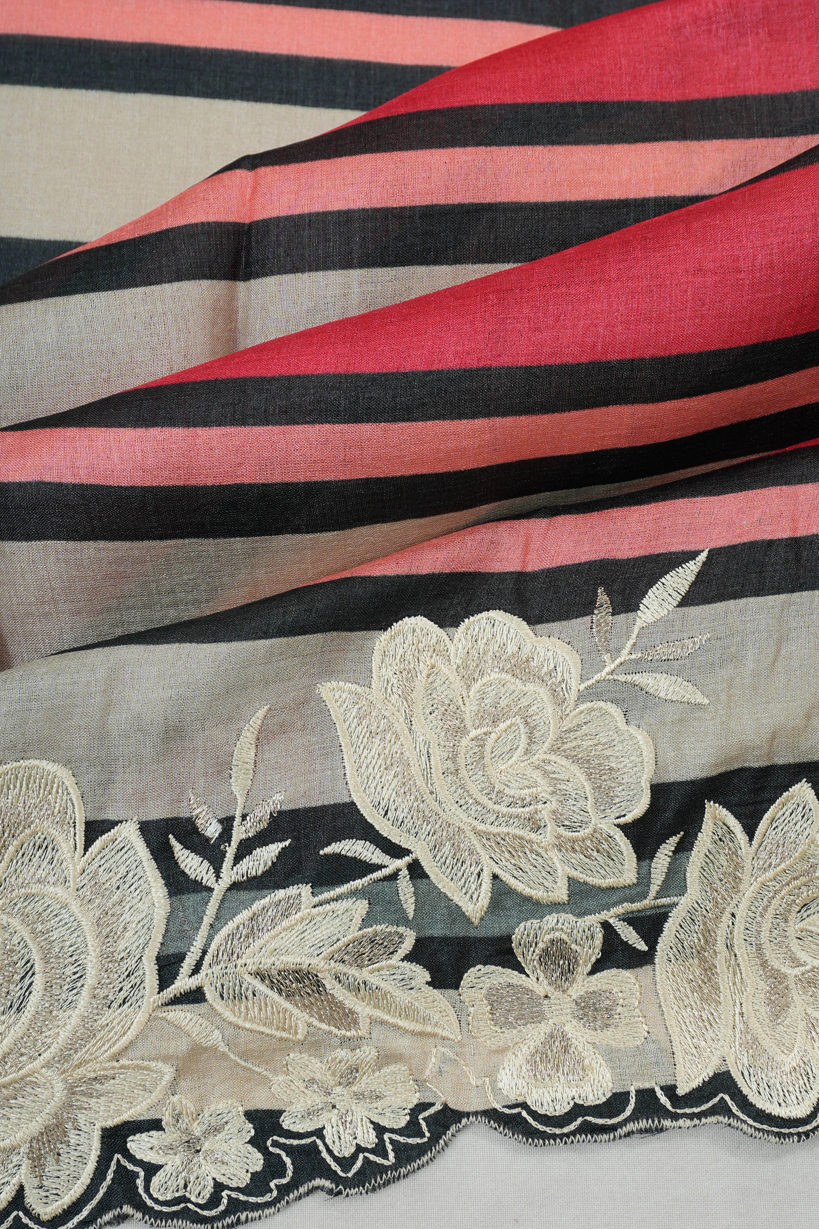 Soft Silk Lines White Saree With Embroidery Scallop Broder