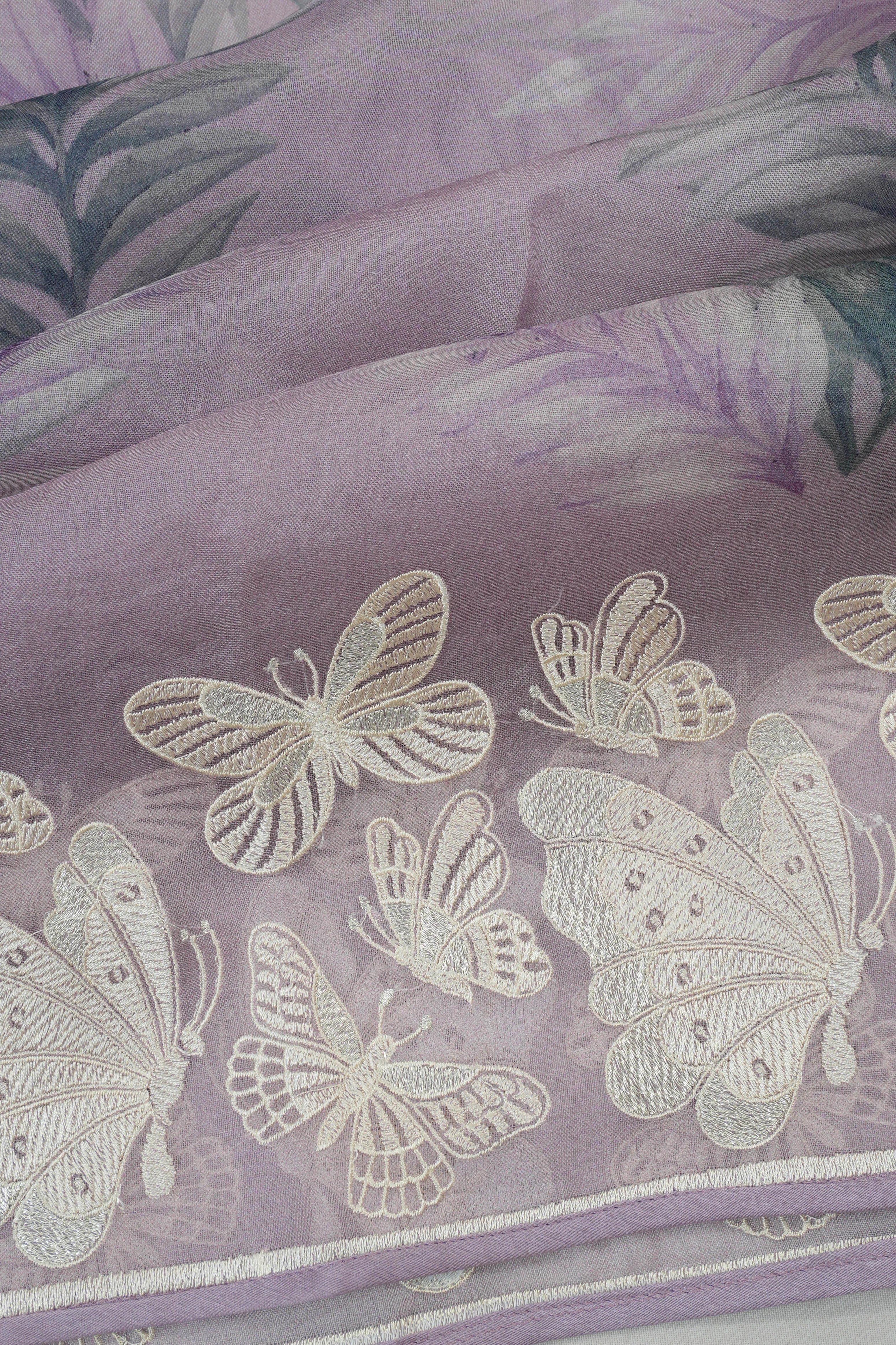Organza Printed Lavender Saree With Embroidery Border
