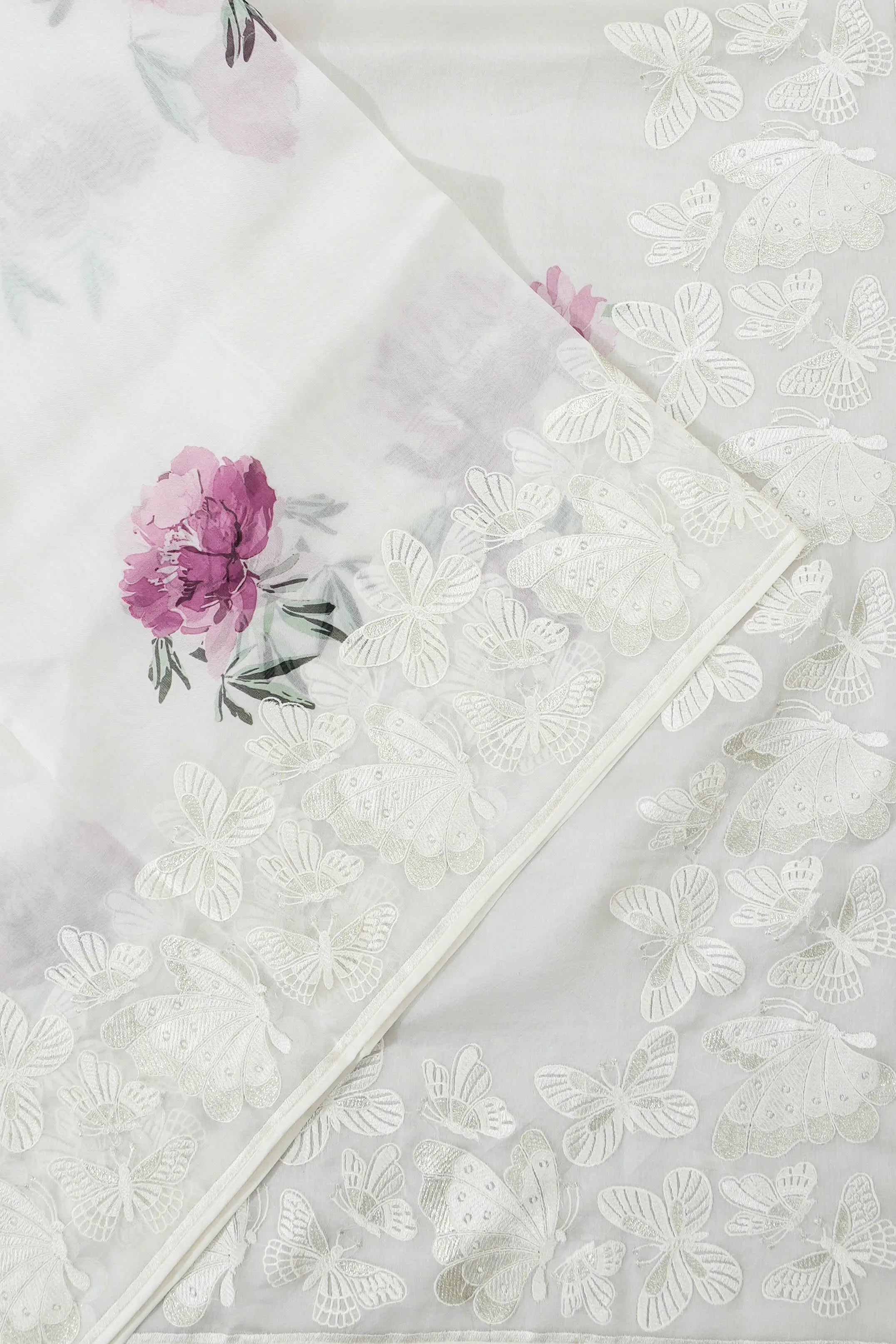 Organza Printed White Saree With Embroidery Border
