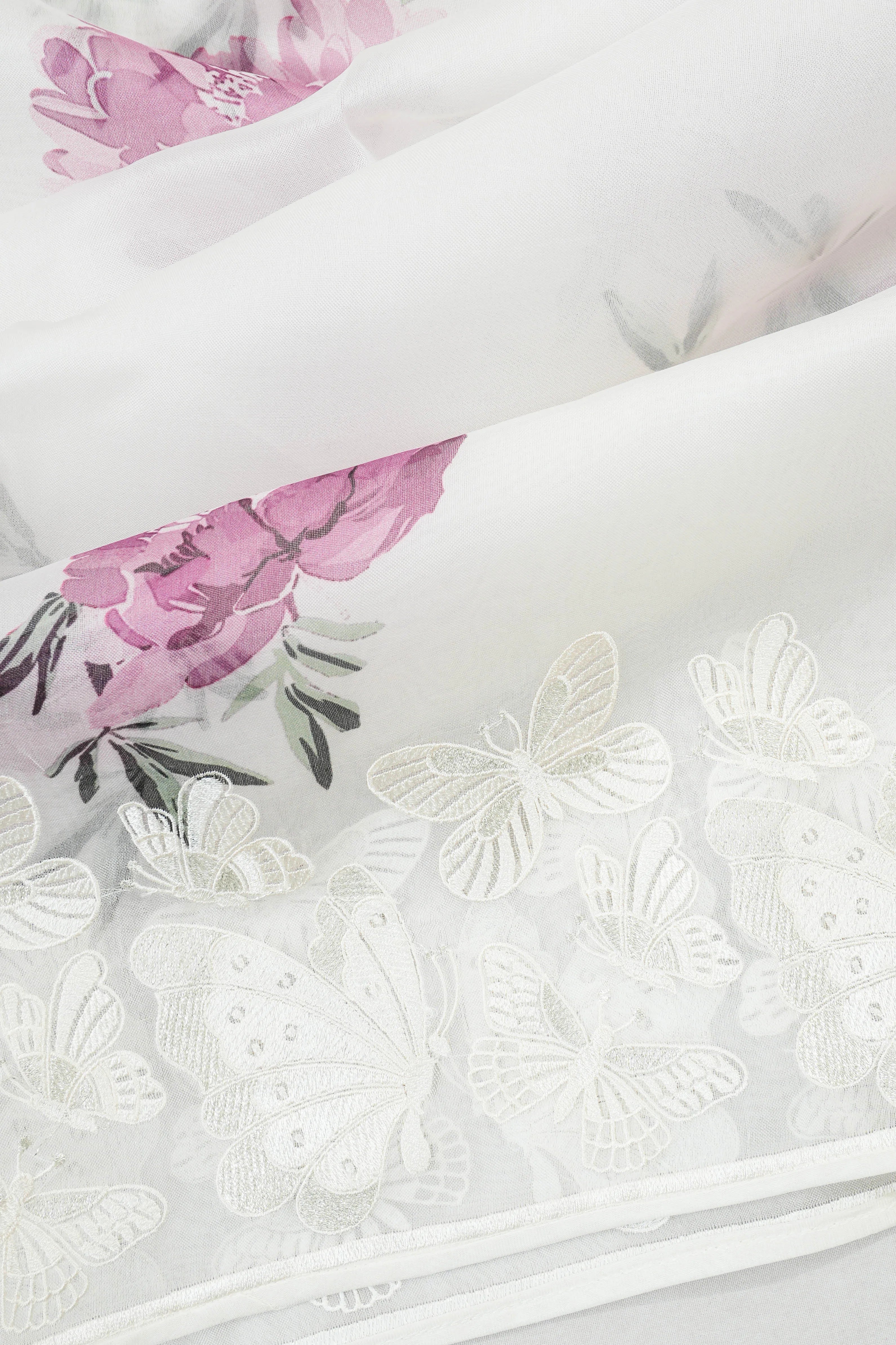 Organza Printed White Saree With Embroidery Border