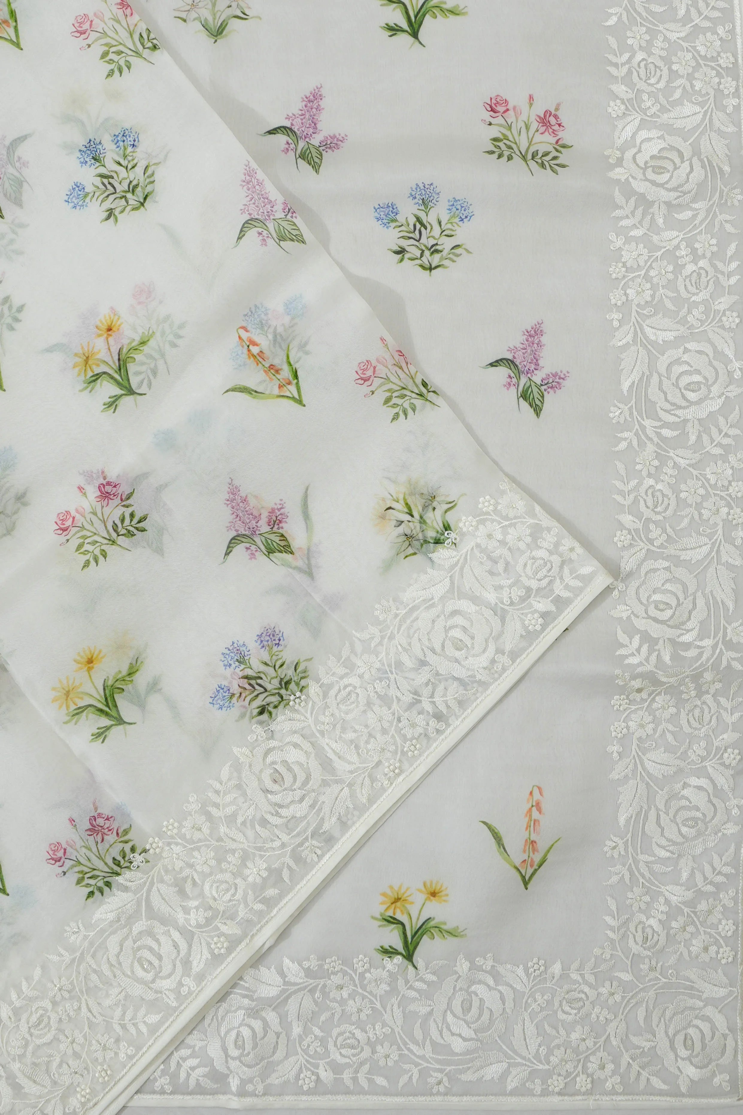 Organza Printed White Saree With Embroidery Border