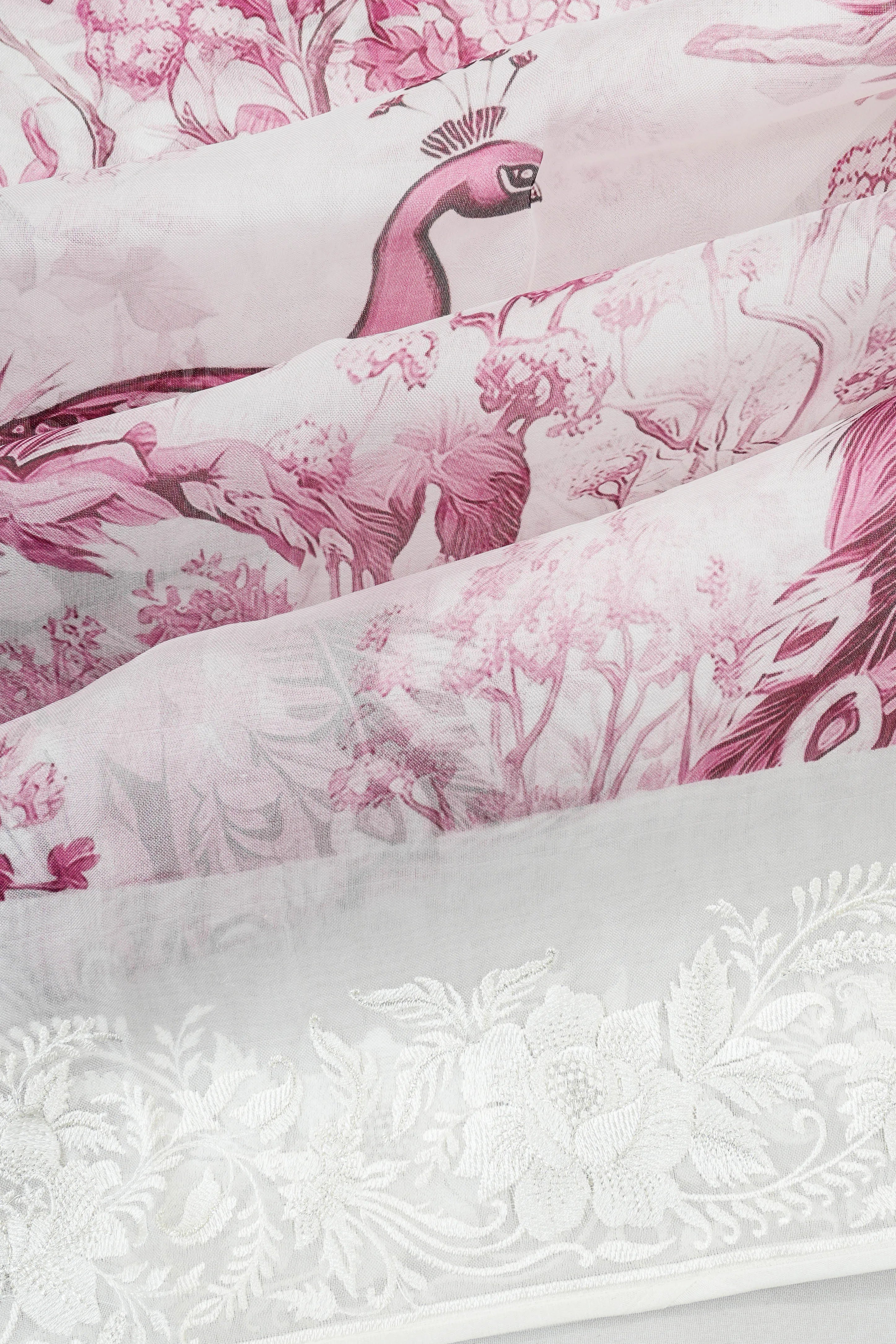 Organza Floral Printed White Saree With Embroidery Border