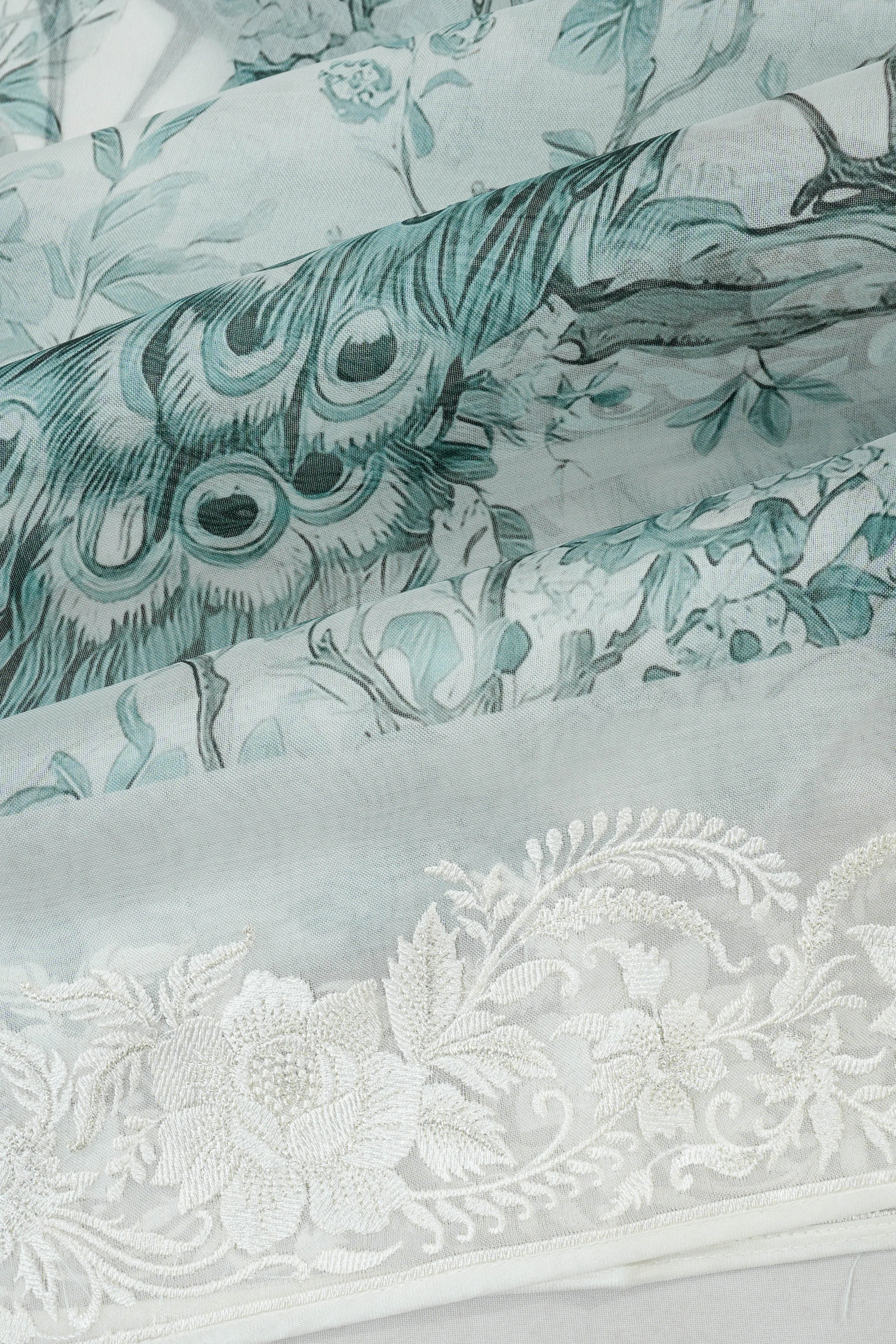 Organza Floral Printed White Saree With Embroidery Border