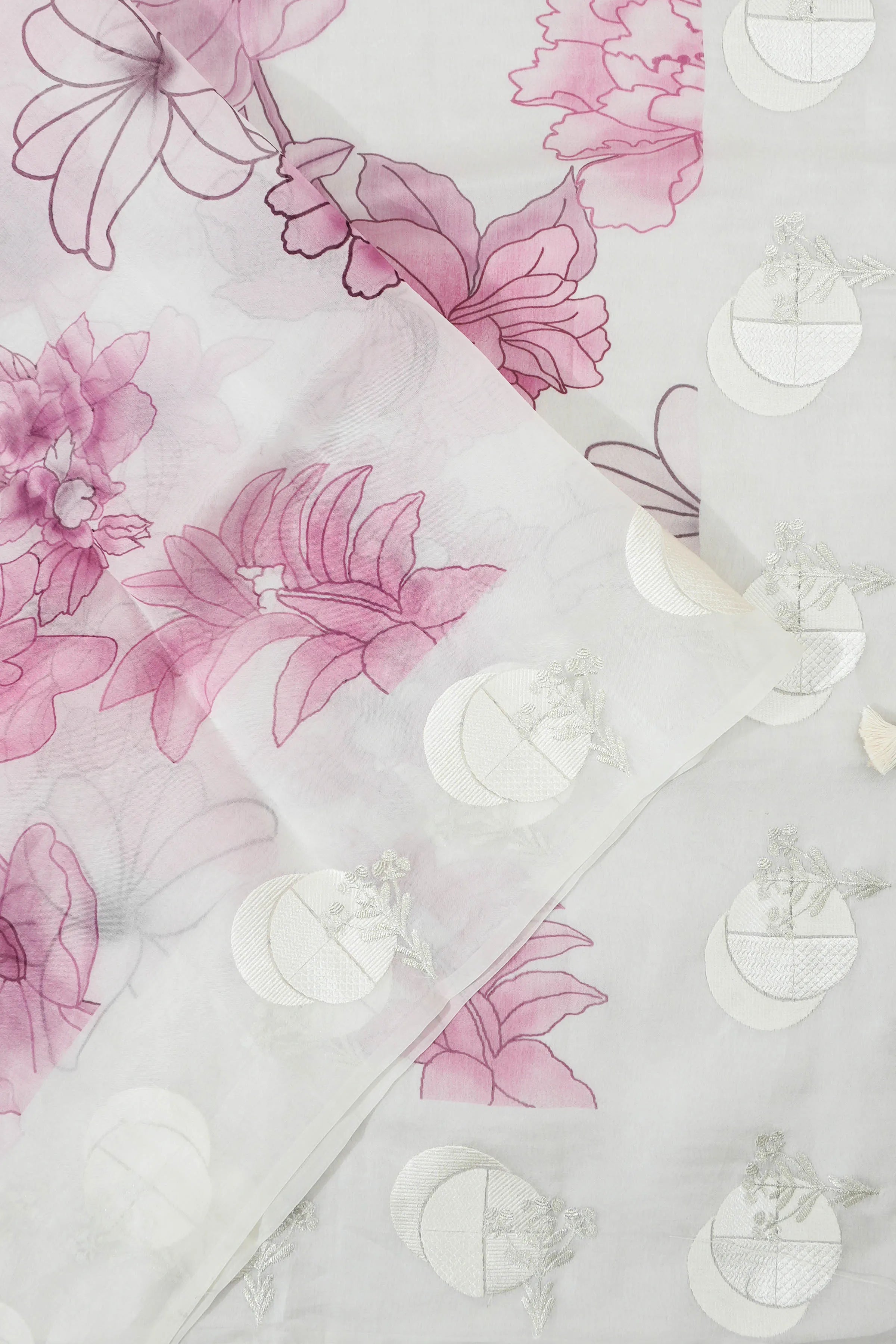 Organza Floral Printed White Saree With Embroidery Border