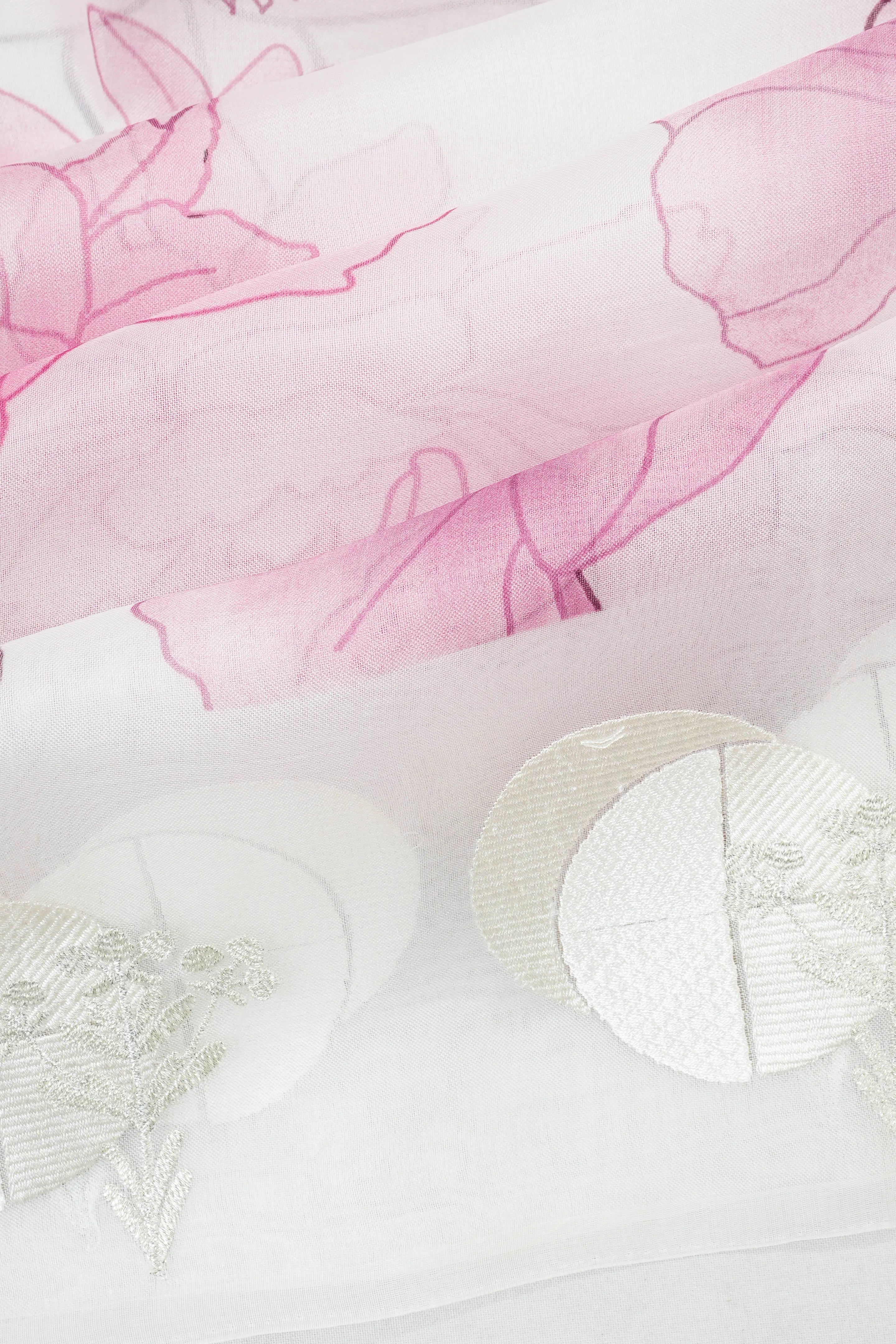 Organza Floral Printed White Saree With Embroidery Border
