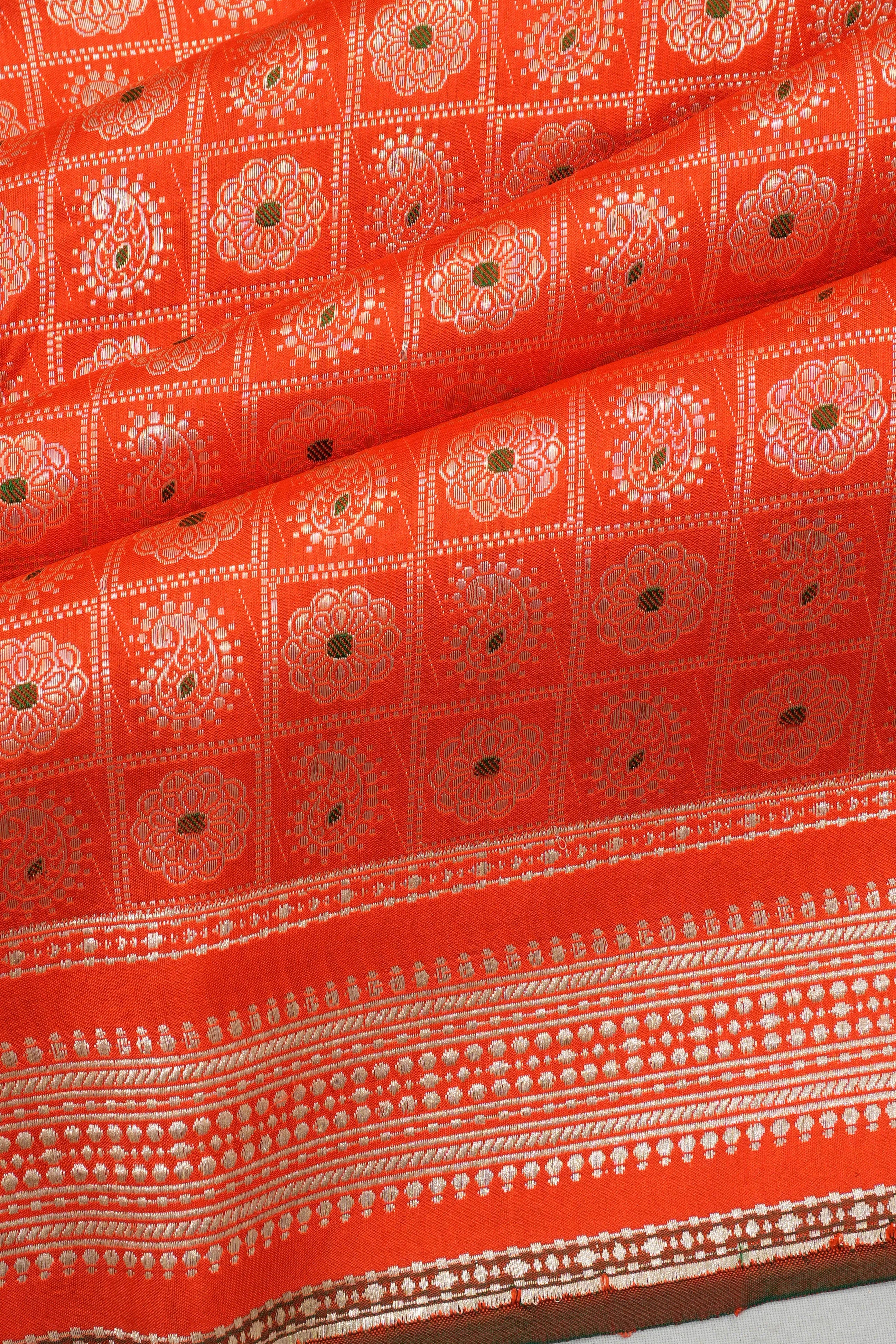 Banarasi Silk Checks And Butta Orange Saree