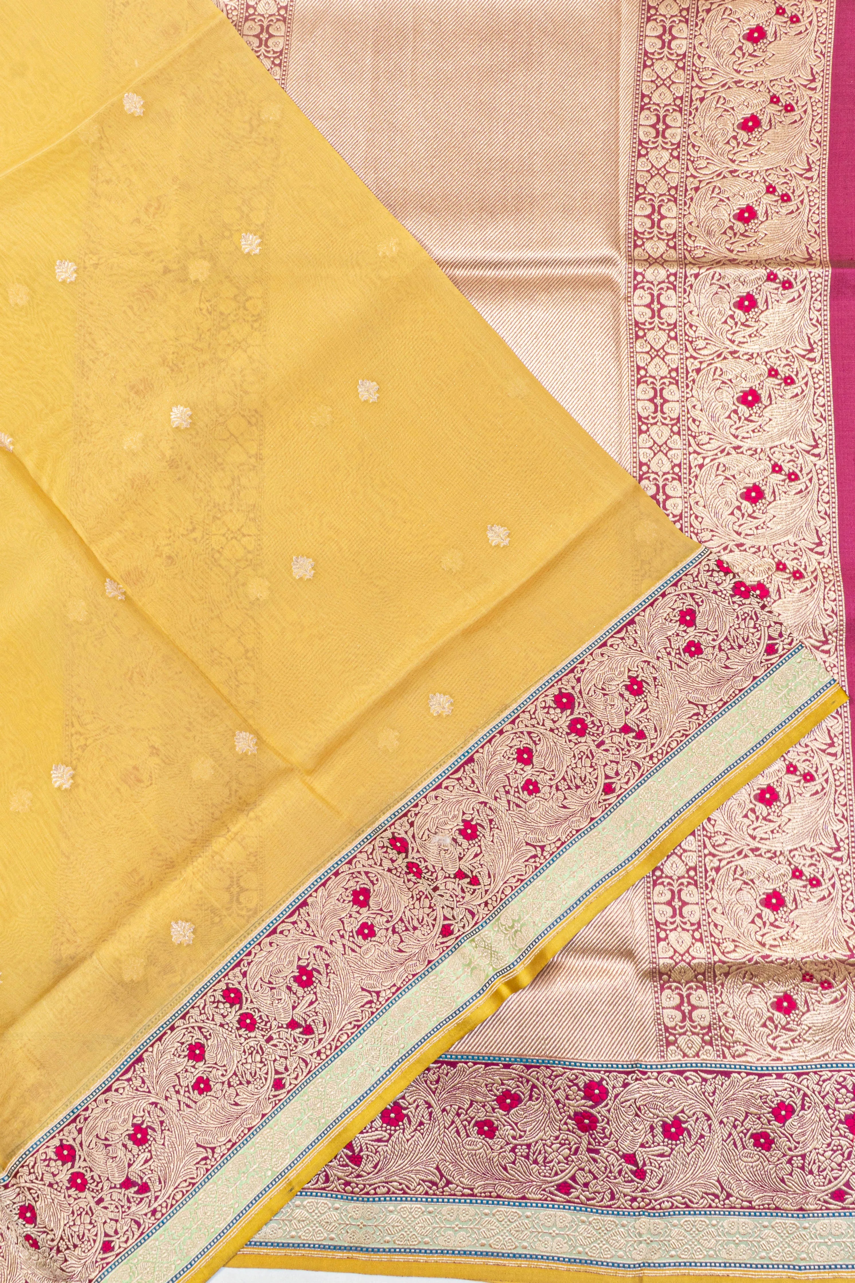 Banarasi Kora Organza Butta Yellow Saree