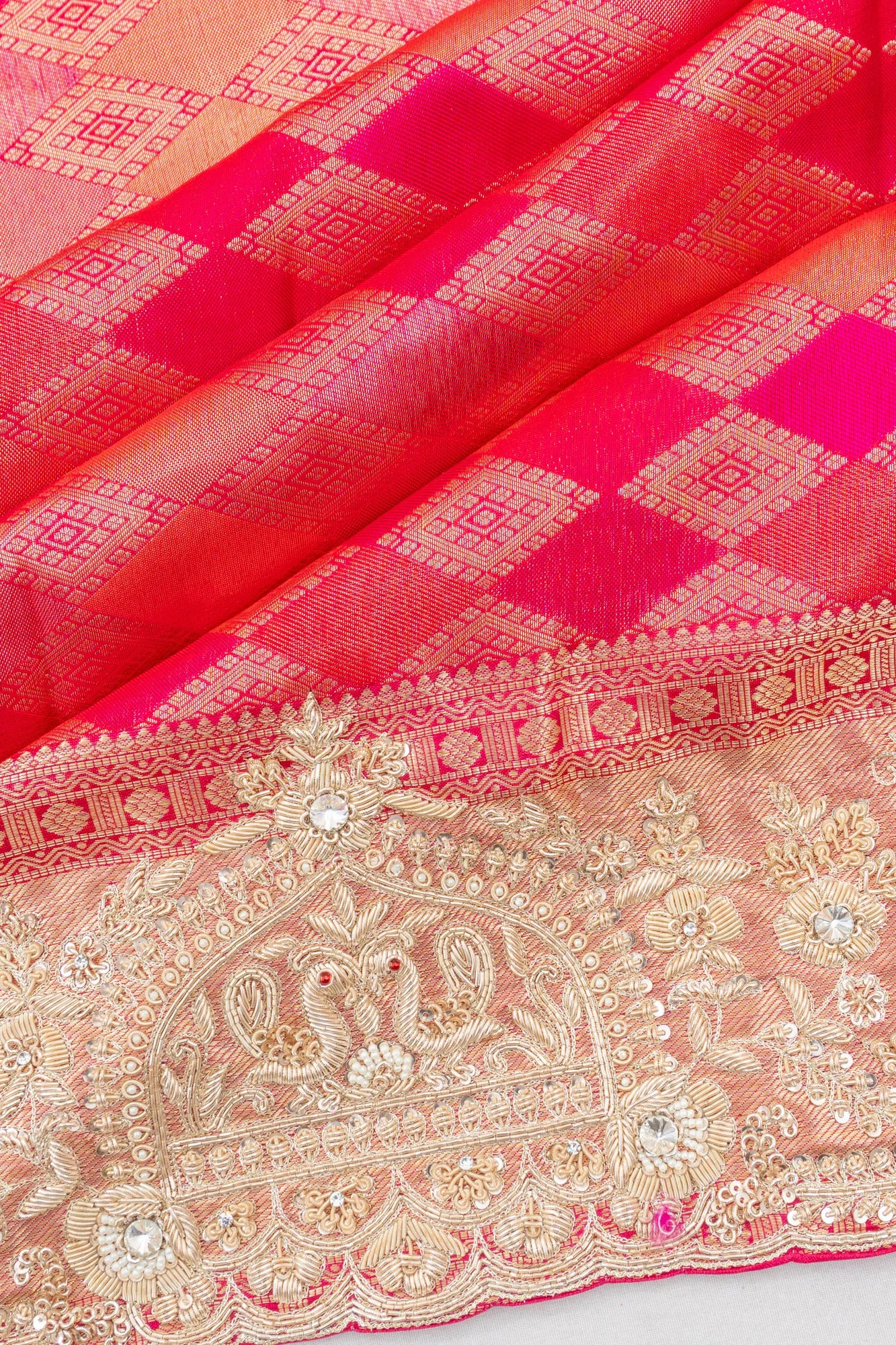 Kanchipuram Silk Brocade Pink Saree With Zardosi Scallop Border