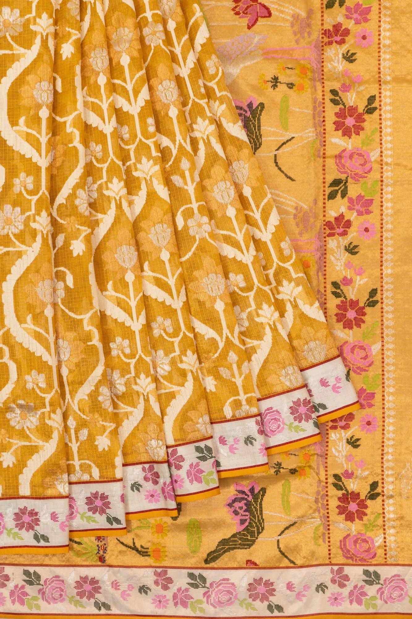 Zari Kota Cotton All Over Jamdani Jaal Yellow Saree With Silk Border