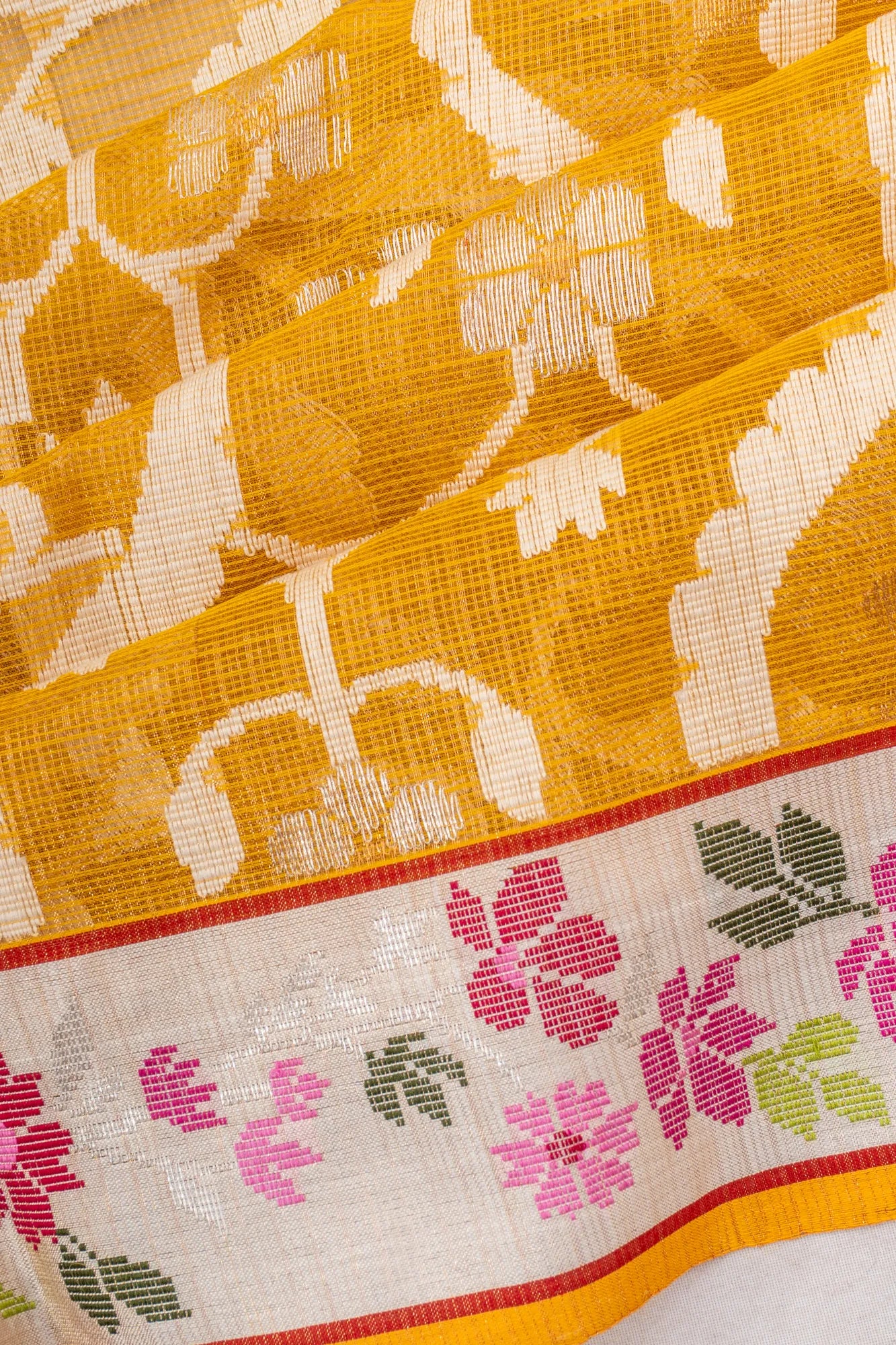 Zari Kota Cotton All Over Jamdani Jaal Yellow Saree With Silk Border