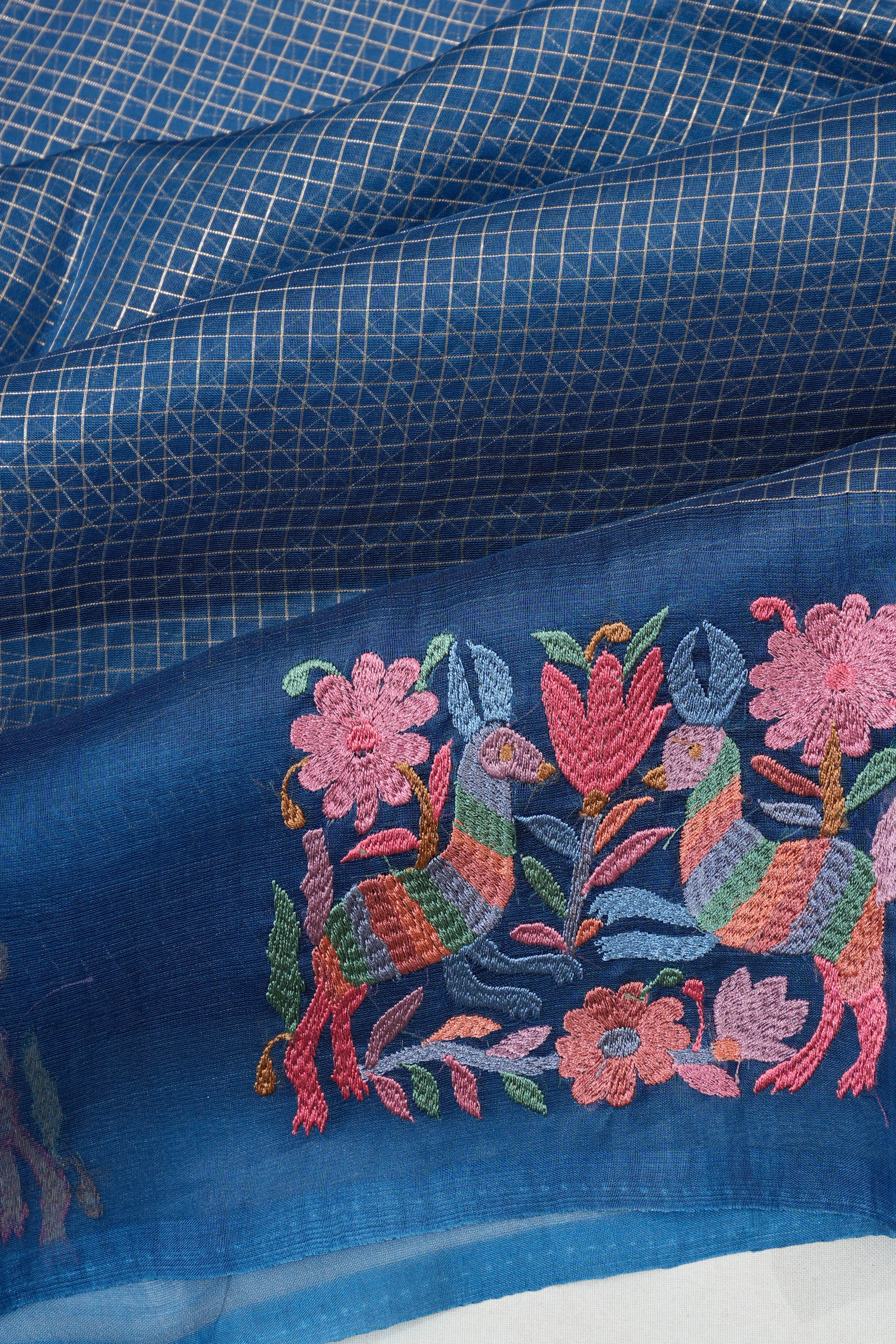 Organza Checks Dark Blue Saree With Embroidery