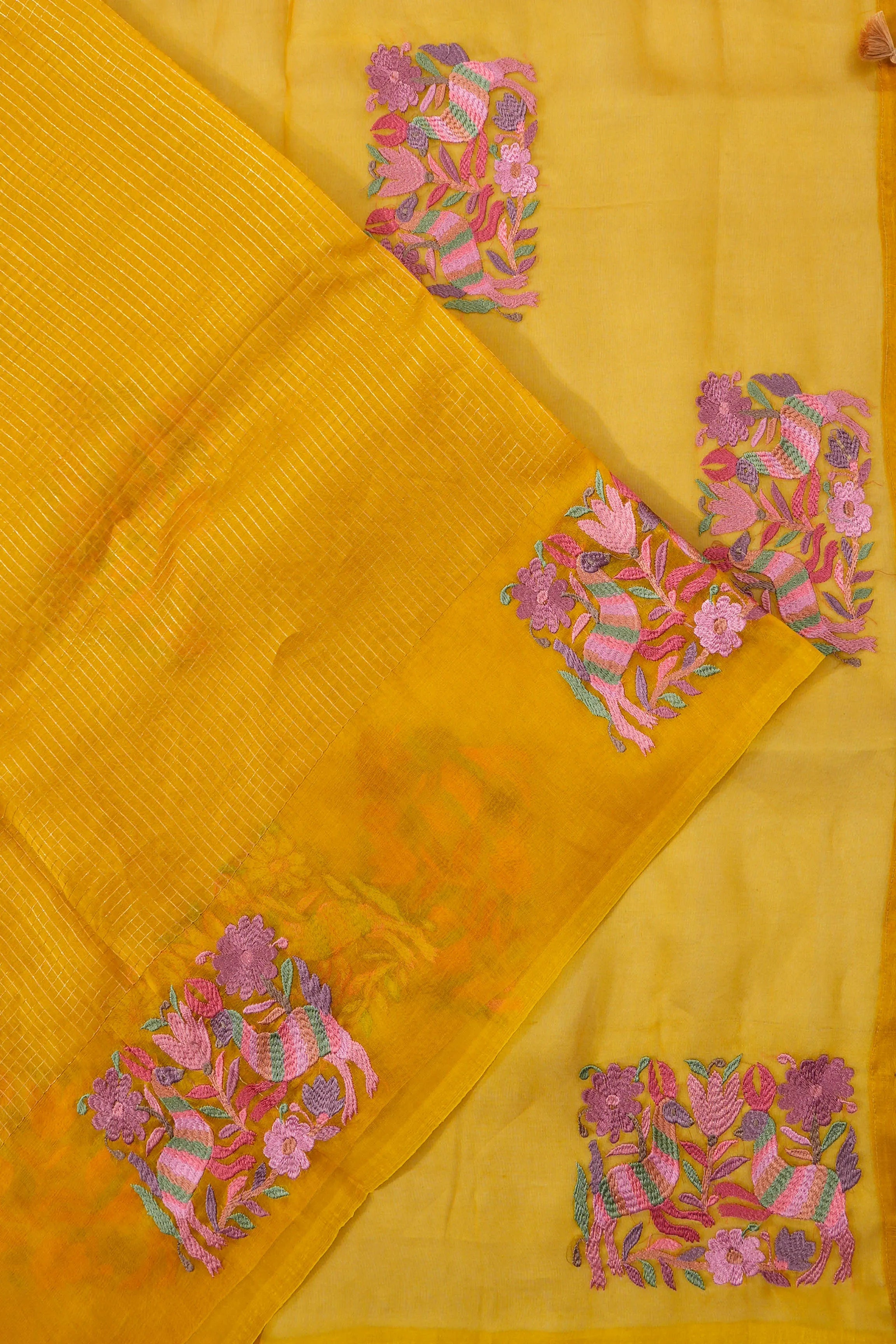 Organza Checks Yellow Saree With Embroidery