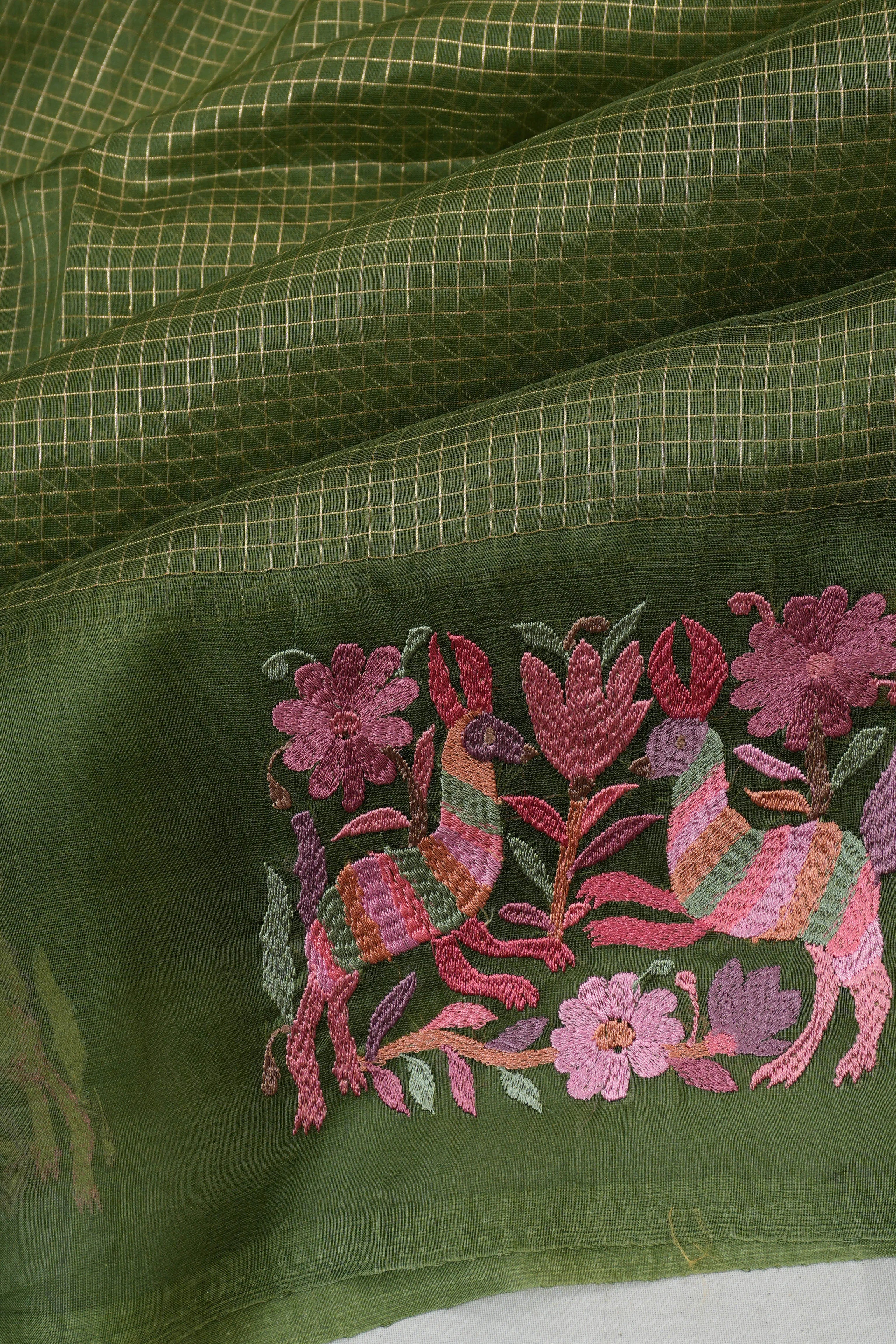 Organza Checks Green Saree With Embroidery