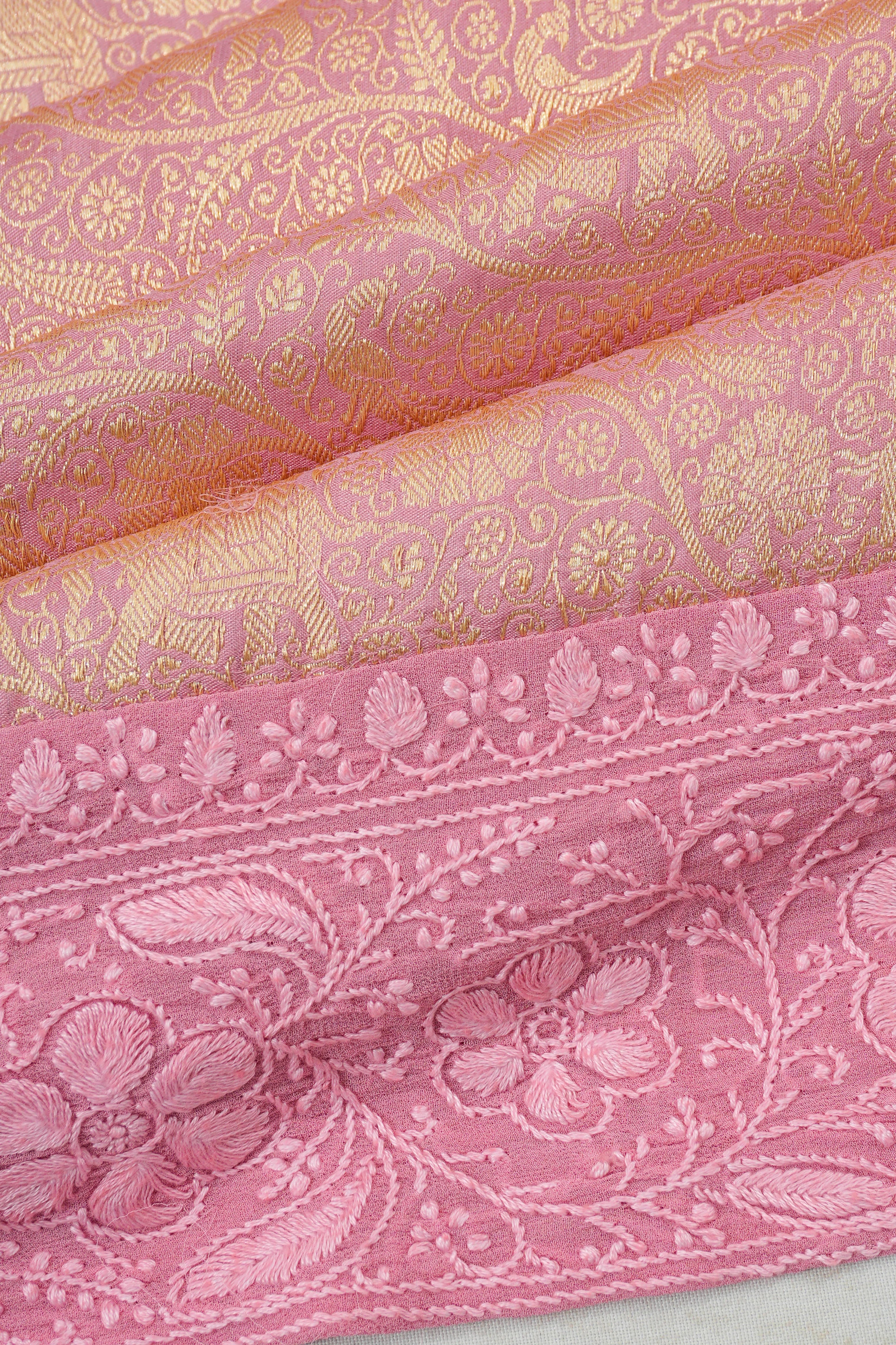 Kanchipuram X Chikankari Silk Brocade Pink Saree