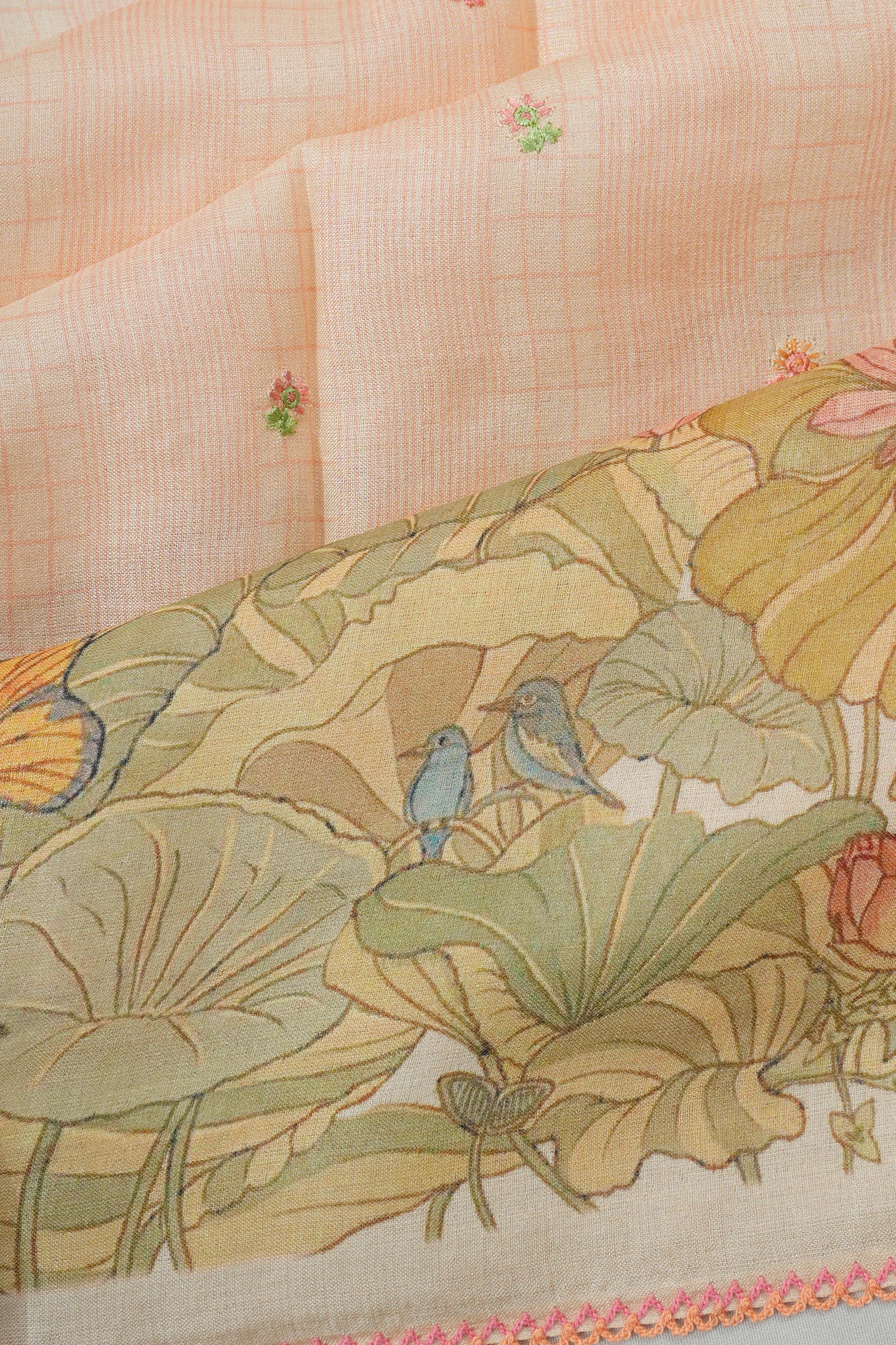 Tussar Butta Peach Saree With Embroidery Border