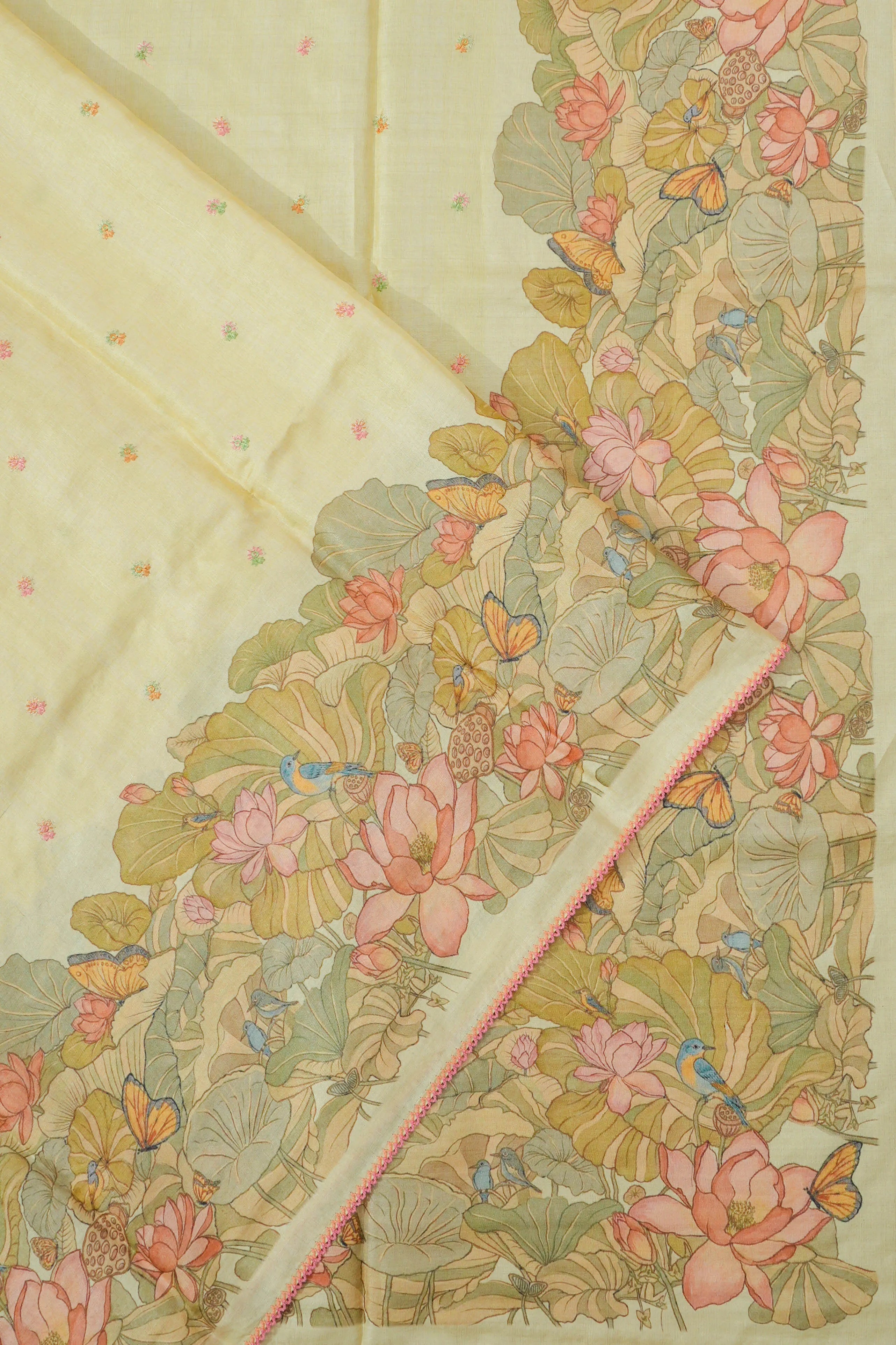 Tussar Butta Yellow Saree With Embroidery Border