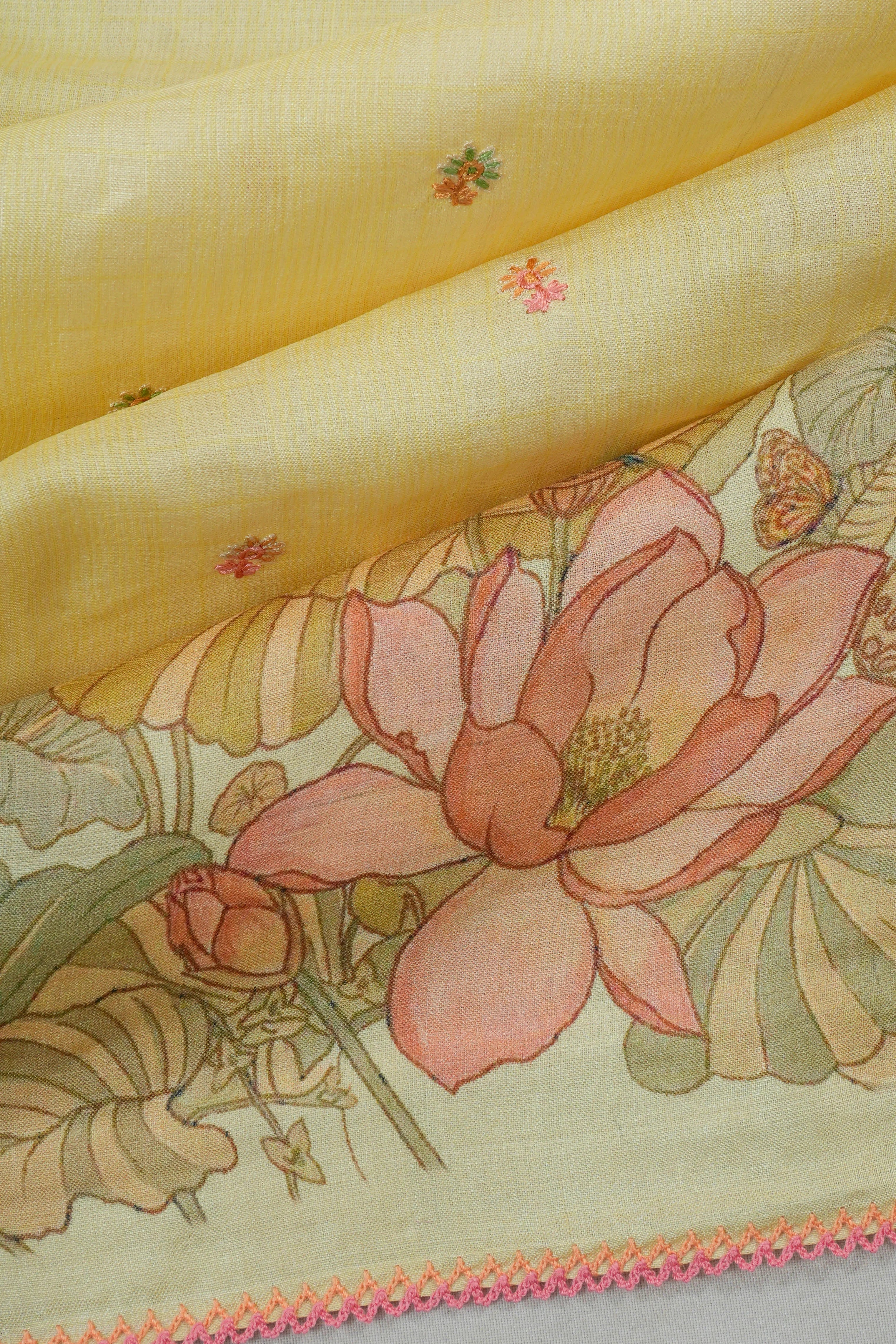 Tussar Butta Yellow Saree With Embroidery Border