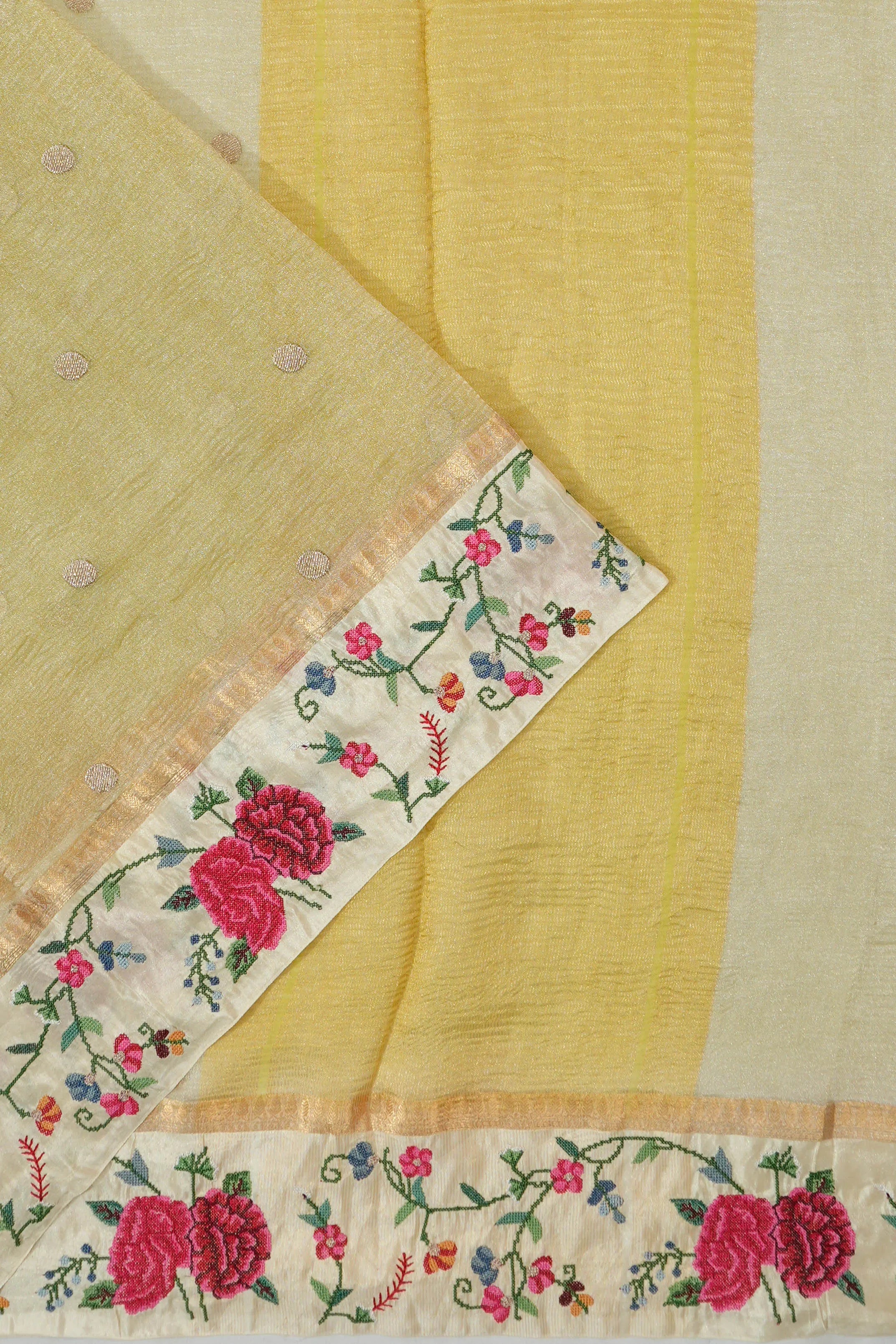 Crushed Organza Tissue Butta Yellow Saree