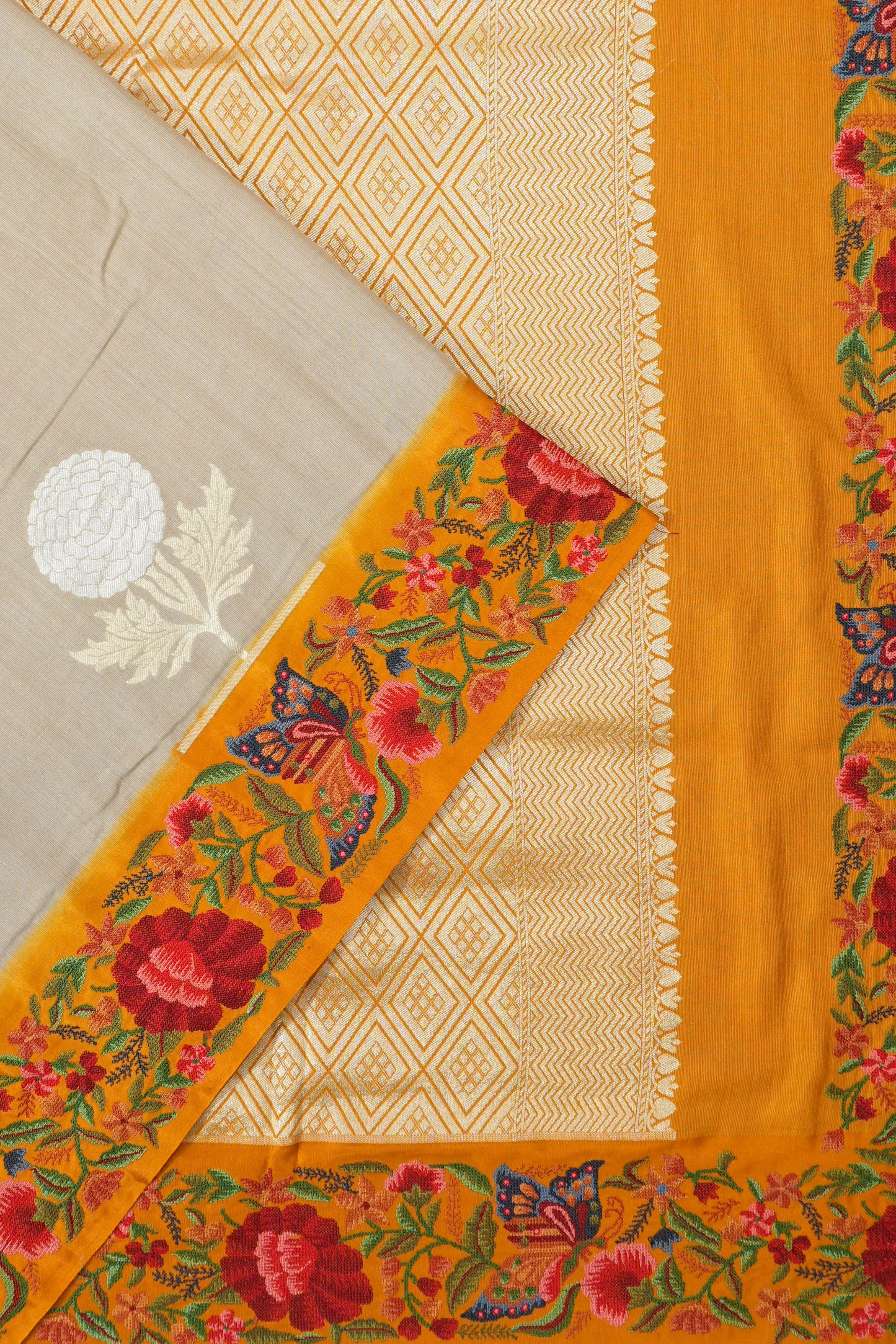 Tussar Silk Butta Beige Saree With Embroidery Border