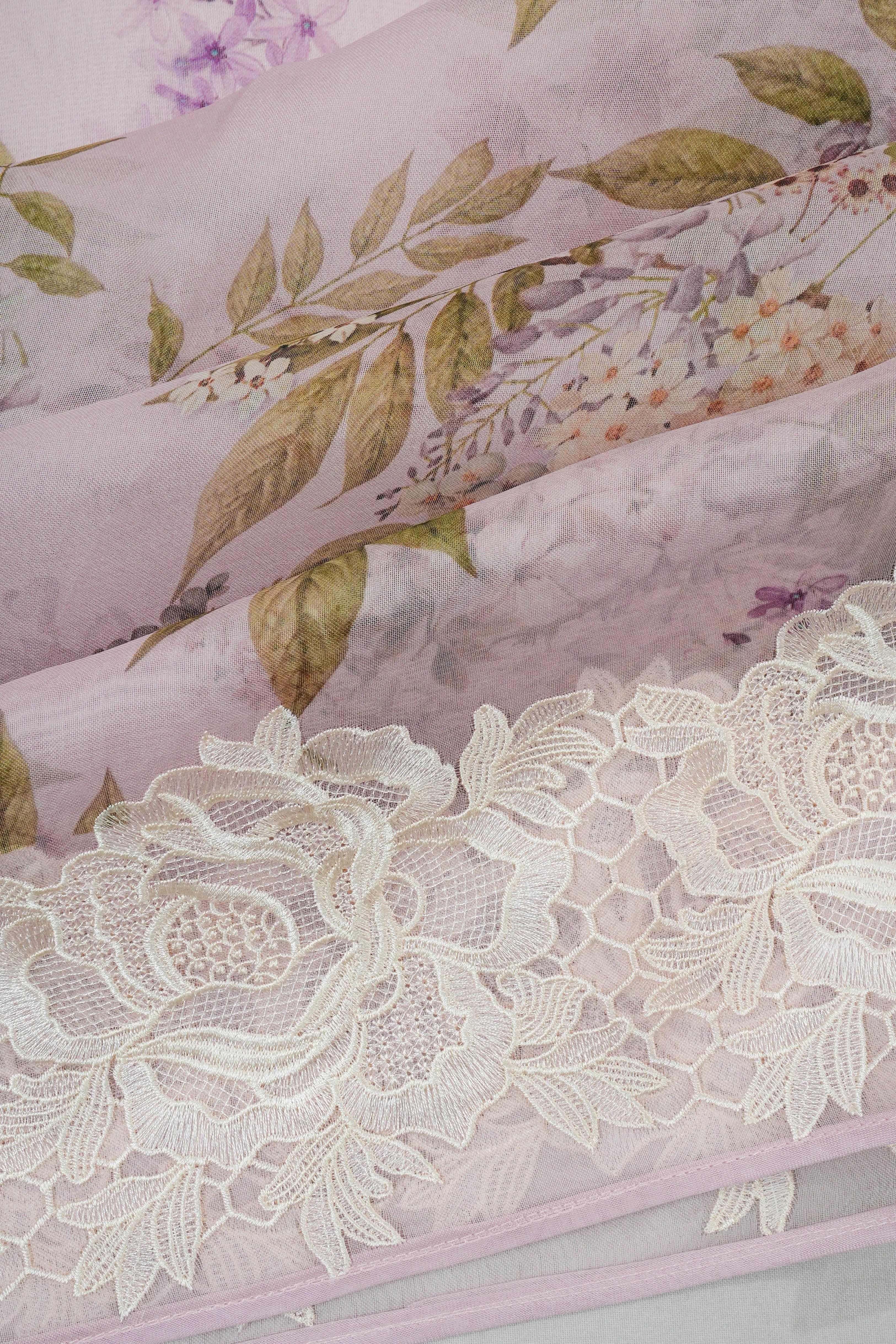 Organza Printed Lavender Saree With Cutwork Border