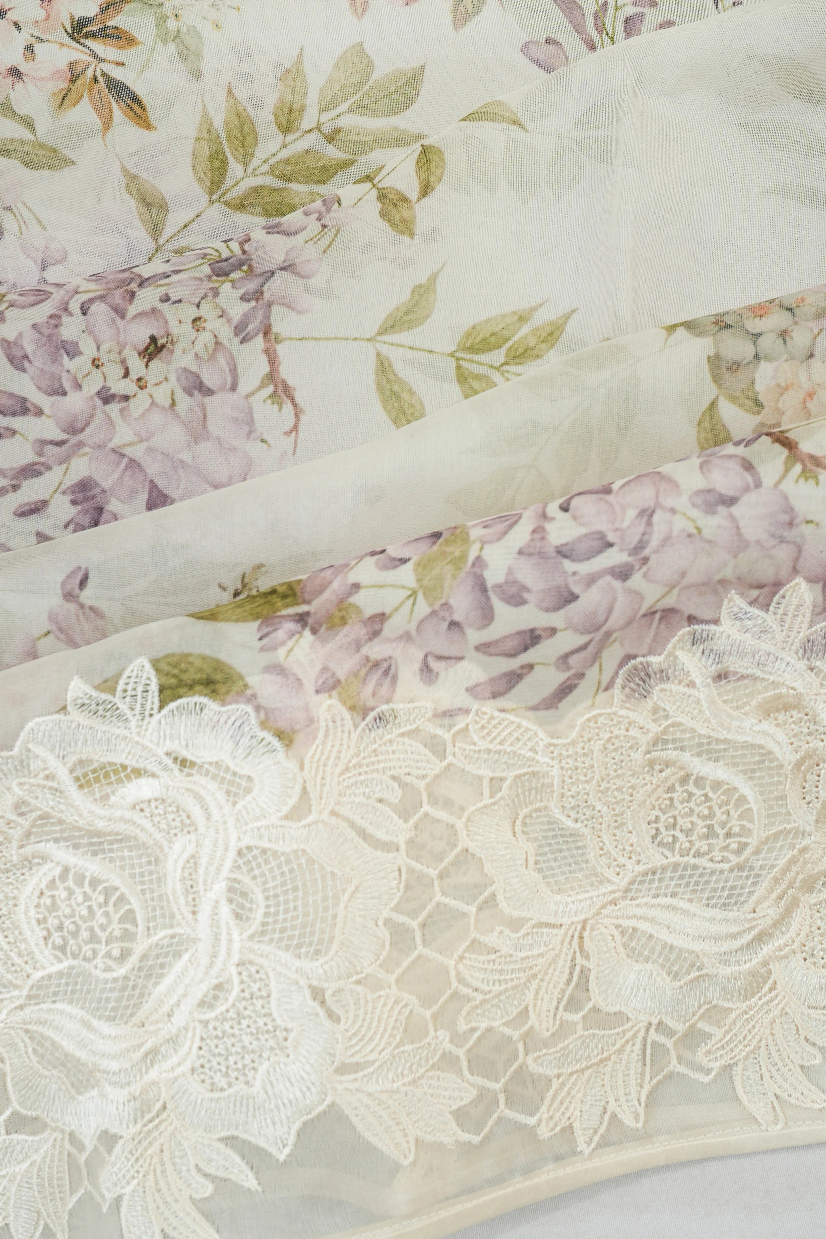 Organza Printed Off White Saree With Cutwork Border