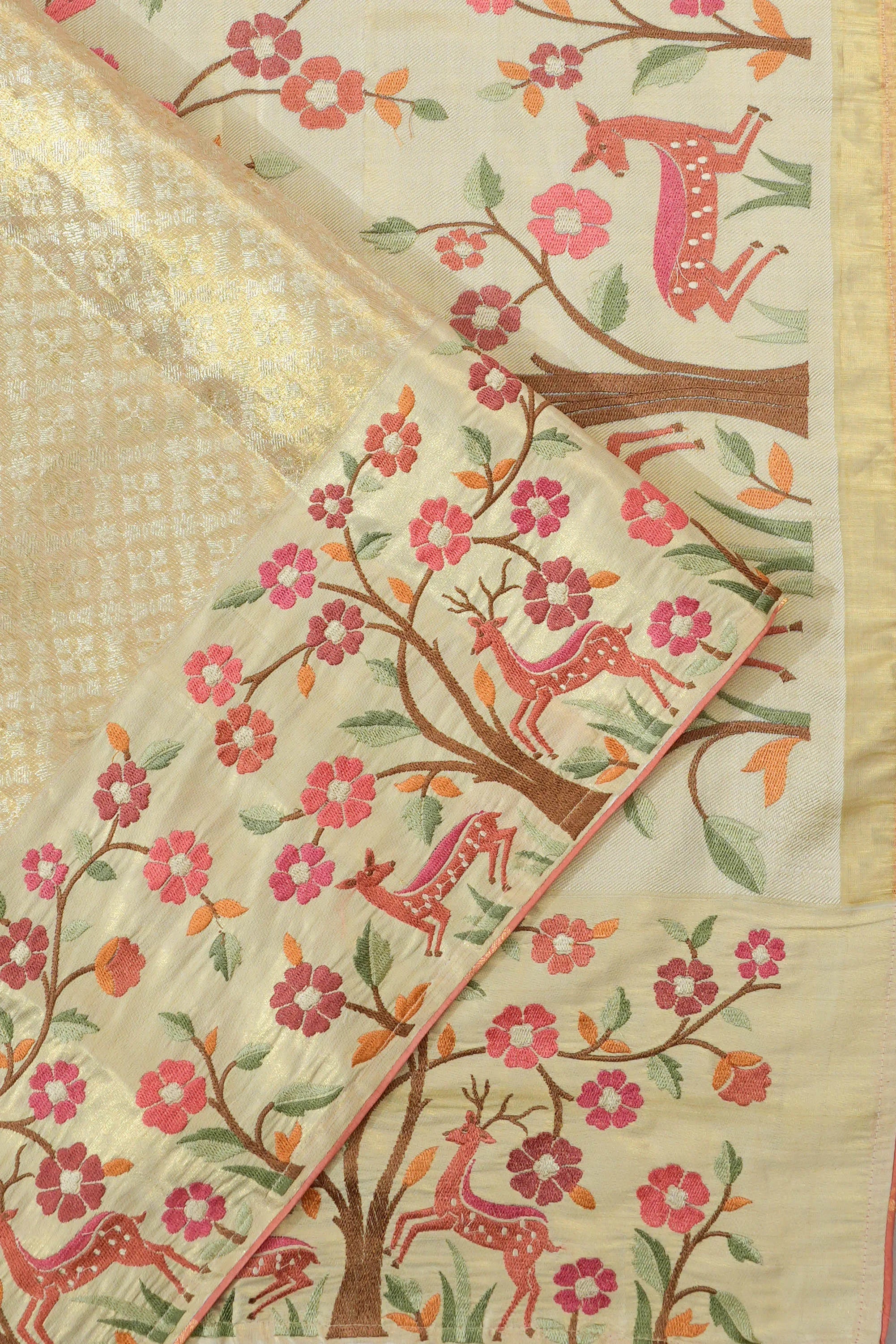Kanchipuram Silk Tissue Brocade Gold Saree With Embroidery Border