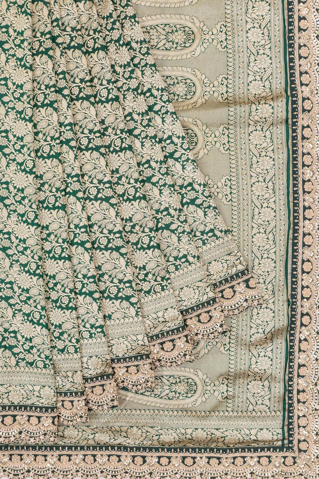 Banarasi Silk Jaal Bottle Green Saree With Embroidery Border