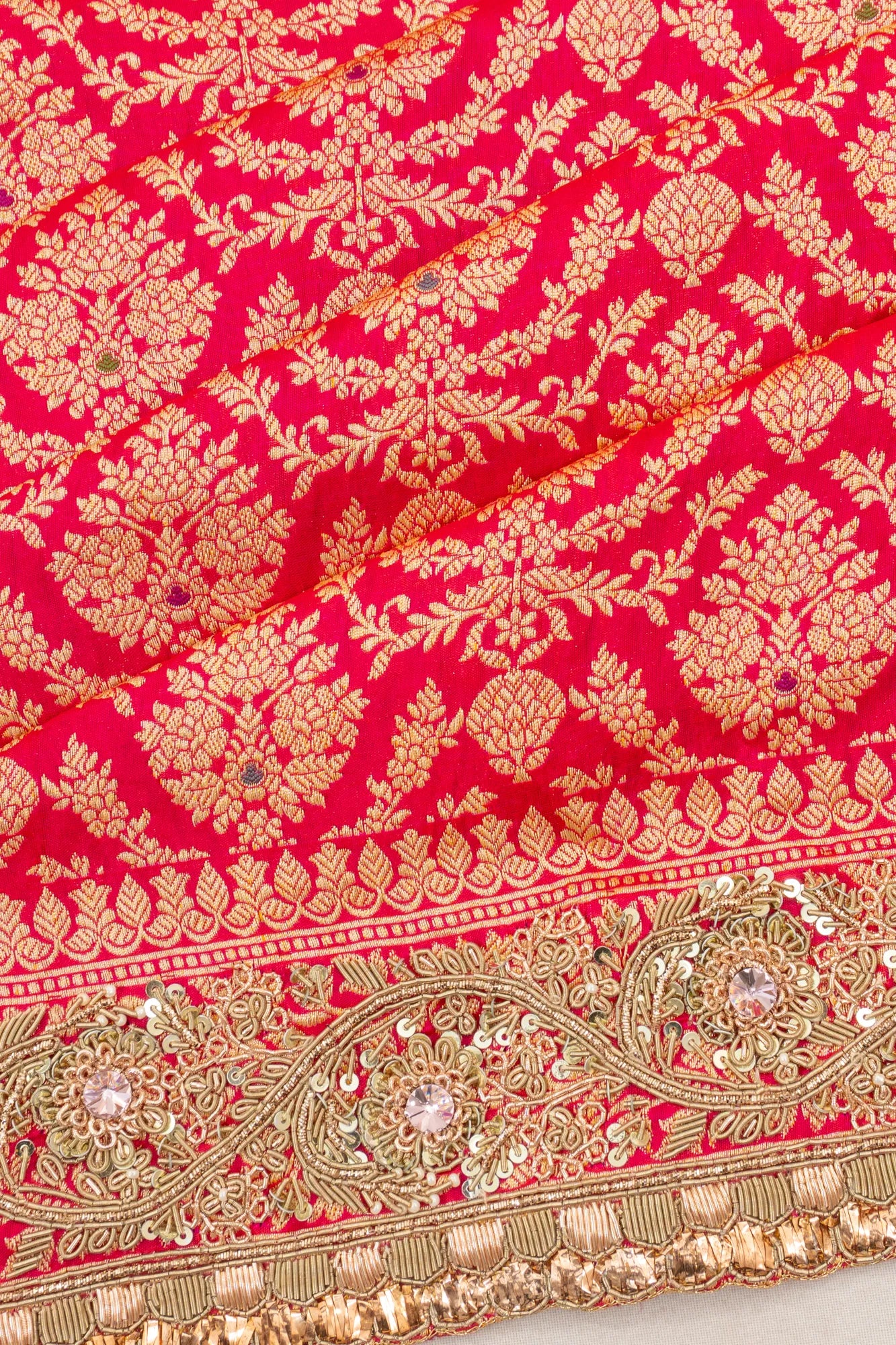 Banarasi Silk Brocade Red Saree With Embroidery Border