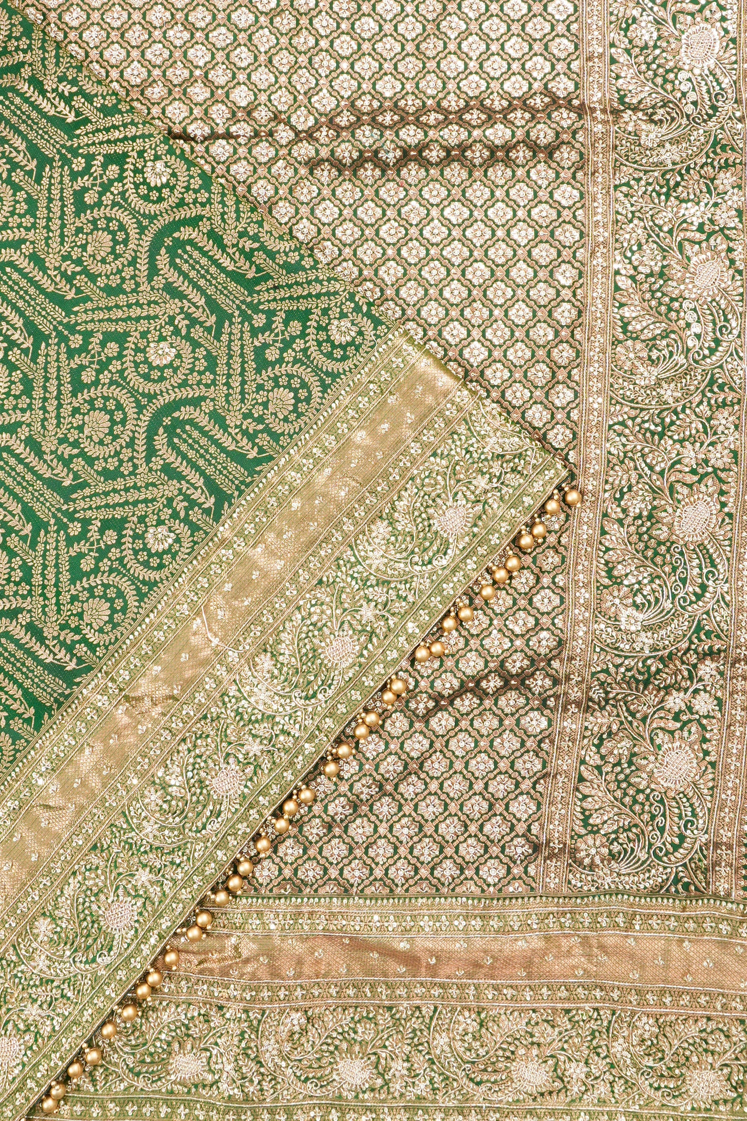 Kanchipuram Silk Brocade Bottle Green Saree With Zardosi Work